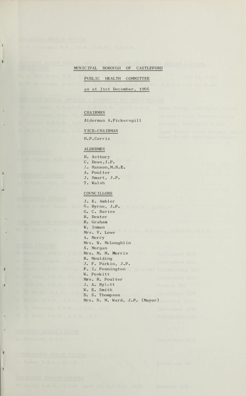 MUNICIPAL BOROUGH OF CASTLEFORD PUBLIC HEALTH COMMITTEE as at 31st December, 1966 CHAIRMAN Alderman A.Pickersgill VICE-CHAIRMAN H.P.Corris ALDERMEN H. Astbury C. Dews,J.P. A. Hanson,M.B.E. A. Poulter J. Smart, J.P. T. Walsh COUNCILLORS J. E. Ambler G, Byrne, J.P.• G. C. Davies R. Dexter R. Graham W. Inman Mrs. V. Lowe A. Merry Mrs. W. McLoughlin S. Morgan Mrs. M. M. Morris R. Moulding J. F. Parkin, J.P. F. I. Pennington W. Poskitt Mrs. R. Poulter J. A. Rylatt W. E. Smith D. S. Thompson Mrs. B. M. Ward, J.P. (Mayor)