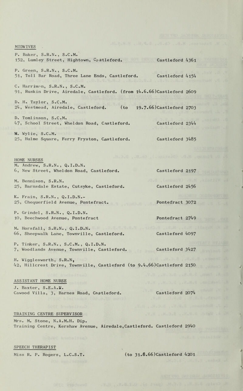 MIDWIVES P. Baker, S.R.N., S.C.M. 152, Lutniey Street, Hightown, Castleford. Castleford 436l P. Green, S.R.N., S.C.M. 51, Toll Bar Road, Three Lane Ends, Castleford. Castleford 4l54 C. Harriman, S.R.N., S.C.M. 91, Ruskin Drive, Airedale, Castleford. (from l4.6.66)Castleford 2609 D. H. Taylor, S.C.M. 24, Vestmead, Airedale, CastleforcJ. (to 19.7»66)Castleford 2703 D. Tomlinson, S.C.M. 47, School Street, Wheldon Road, Castleford. Castleford 2344 M. Wylie, S.C.M. 25, Hulme Square, Ferry Fryston, C^astleford. Castleford 3485 HOME NURSES M. Andrew, S.R.N., Q.I.D.N. 6, New Street, Wheldon Road, Castleford. Castleford 2197 M. Bennison, S.R.N. 25, Barnsdale Estate, Cutsyke, Castleford. Castleford 2456 K. Frain, S.R.N., Q.I.D.N.- 25, Chequerfield Avenue, Pontefract. Pontefract 3072 P. Grindel, S.R.N., Q.I.D.N. 10, Beechwood Avenue, Pontefract Pontefract 2749 M. Horsfall, S.R.N., Q.I.D.N. 66, Sheepwalk Lane, Townville, Castleford. Castleford 4097 P. Tinker, S.R.N., S.C.M., Q.I.D.N. 7, Woodlands Avenue, Townville, Castleford. Castleford 3427 H. Wigglesworth, S.R.N, 42, Hillcrest Drive, Townville, Castleford (to 9»^»66)Castleford 2150 ASSISTANT HOME NURSE J. Baxter, S.E.A.N. Cawood Villa, 3i Barnes Road, Captleford. Castleford 2074 TRAINING CENTRE SUPERVISOR Mrs. M. Stone, N.A.M.H. Dip. Training Centre, Kershaw Avenue, Airedale,Castleford. Castleford 2940 SPEECH THERAPIST Miss R. P. Rogers, L.C.S.T (to 31*6.66)Castleford 4201