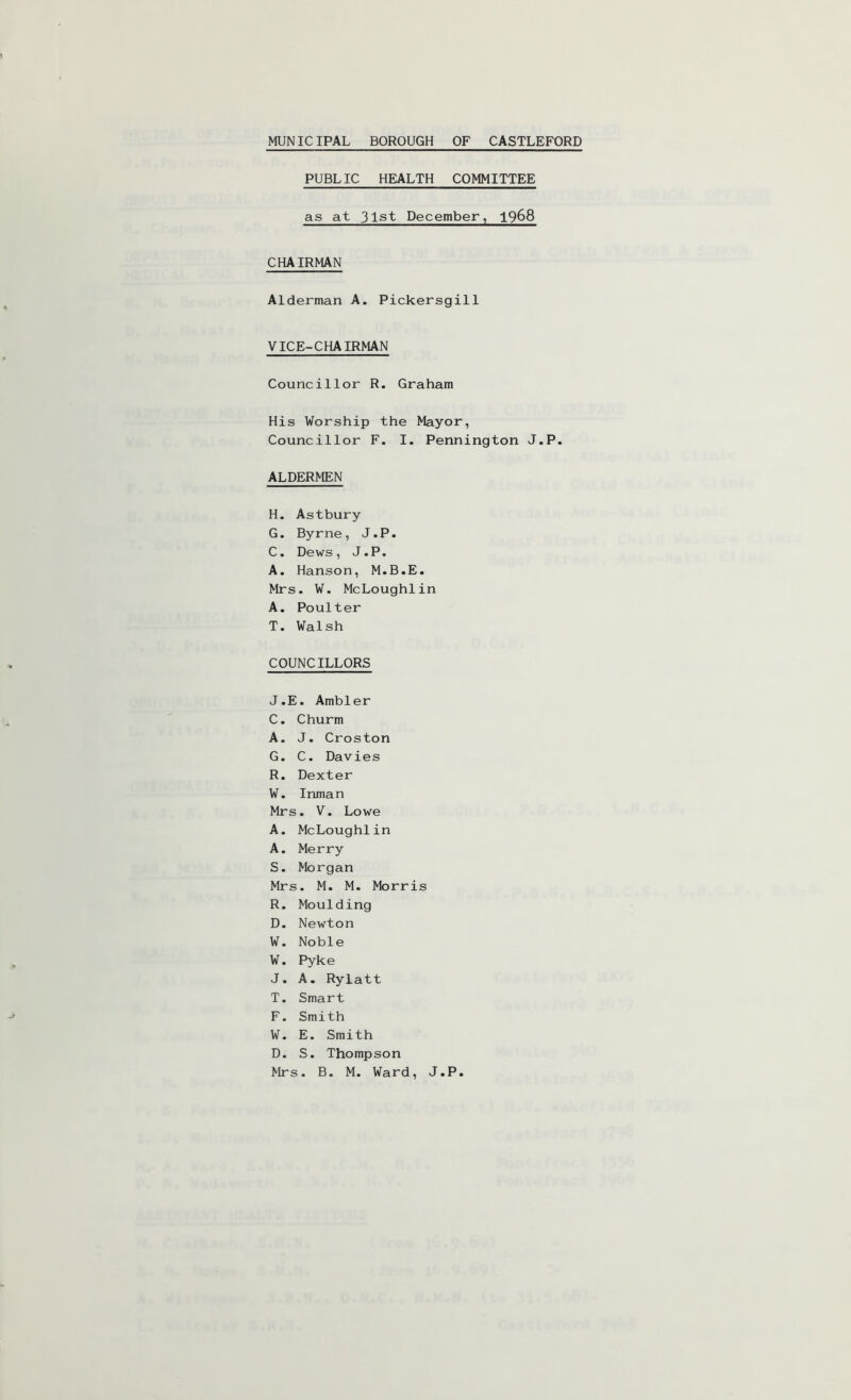 PUBLIC HEALTH COMMITTEE as at 31st December, 1968 CHAIRMAN Alderman A. Pickersgill VICE-CHAIRMAN Councillor R. Graham His Worship the Mayor, Councillor F. I. Pennington J.P. ALDERMEN H. Astbury G. Byrne, J.P. C. Dews, J.P. A. Hanson, M.B.E. Mrs. V. McLoughlin A. Poulter T. Walsh COUNCILLORS J.E. Ambler C. Churm A. J. Croston G. C. Davies R. Dexter W. Inman Mrs. V. Lowe A. McLoughlin A. Merry S. Morgan Mrs. M. M. Morris R. Moulding D. Newton W. Noble W. Pyke J. A. Ryiatt T. Smart F. Smith W. E. Smith D. S. Thompson Mrs. B. M. Ward, J.P.