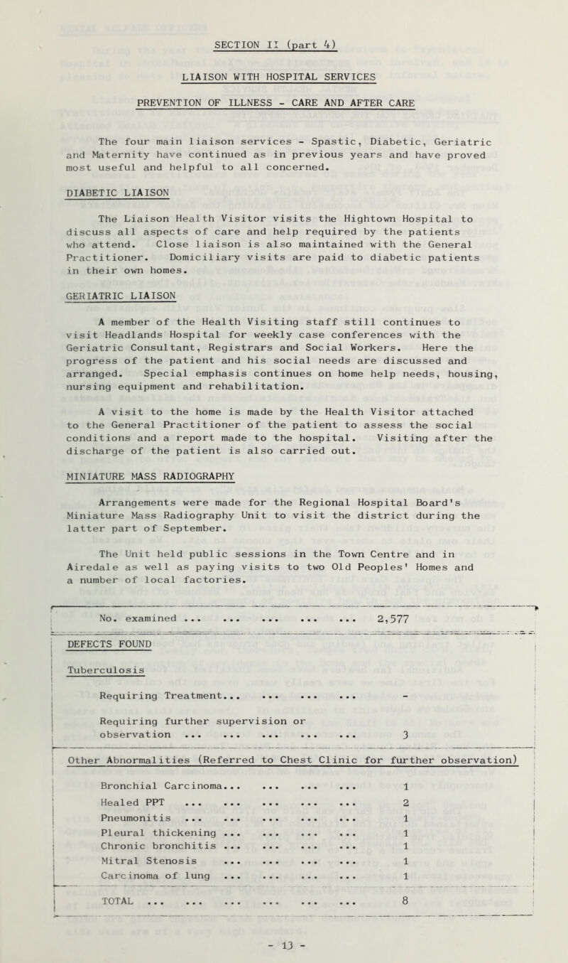 LIAISON WITH HOSPITAL SERVICES PREVENTION OF ILLNESS - CARE AND AFTER CARE The four main liaison services - Spastic, Diabetic, Geriatric and Maternity have continued as in previous years and have proved most useful and helpful to all concerned. DIABETIC LIAISON The Liaison Health Visitor visits the Hightown Hospital to discuss all aspects of care and help required by the patients who attend. Close liaison is also maintained with the General Practitioner. Domiciliary visits are paid to diabetic patients in their own homes. GERIATRIC LIAISON A member of the Health Visiting staff still continues to visit Headlands Hospital for weekly case conferences with the Geriatric Consultant, Registrars and Social Workers. Here the progress of the patient and his social needs are discussed and arranged. Special emphasis continues on home help needs, housing, nursing equipment and rehabilitation. A visit to the home is made by the Health Visitor attached to the General Practitioner of the patient to assess the social conditions and a report made to the hospital. Visiting after the discharge of the patient is also carried out. MINIATURE MASS RADIOGRAPHY Arrangements were made for the Regional Hospital Board's Miniature Mass Radiography Unit to visit the district during the latter part of September. The Unit held public sessions in the Town Centre and in Airedale as well as paying visits to two Old Peoples' Homes and a number of local factories. No. examined ... ... • • • • • • • • • 2,577 DEFECTS FOUND 1 } Tuberculosis 1 i j 1 Requiring Treatment... • • • • • • • • • j 1 Requiring further supervision or j observation ... ... • • • • • • • • • 3 i 1 ! Other Abnormalities (Referred to Chest Clinic for further observation) ! 1 j Bronchial Carcinoma... • • • 1 1 i Healed PPT • • • 2 i 1 Pneumonitis ... ... • • • 1 i : Pleural thickening ... • • • • • • 1 ! j Chronic bronchitis ... • • • 1 ; ! Mitral Stenosis • • • • • • 1 1 1 j Carcinoma of lung ... • • • 1 1 ! j TOTAL • • • t 8 i