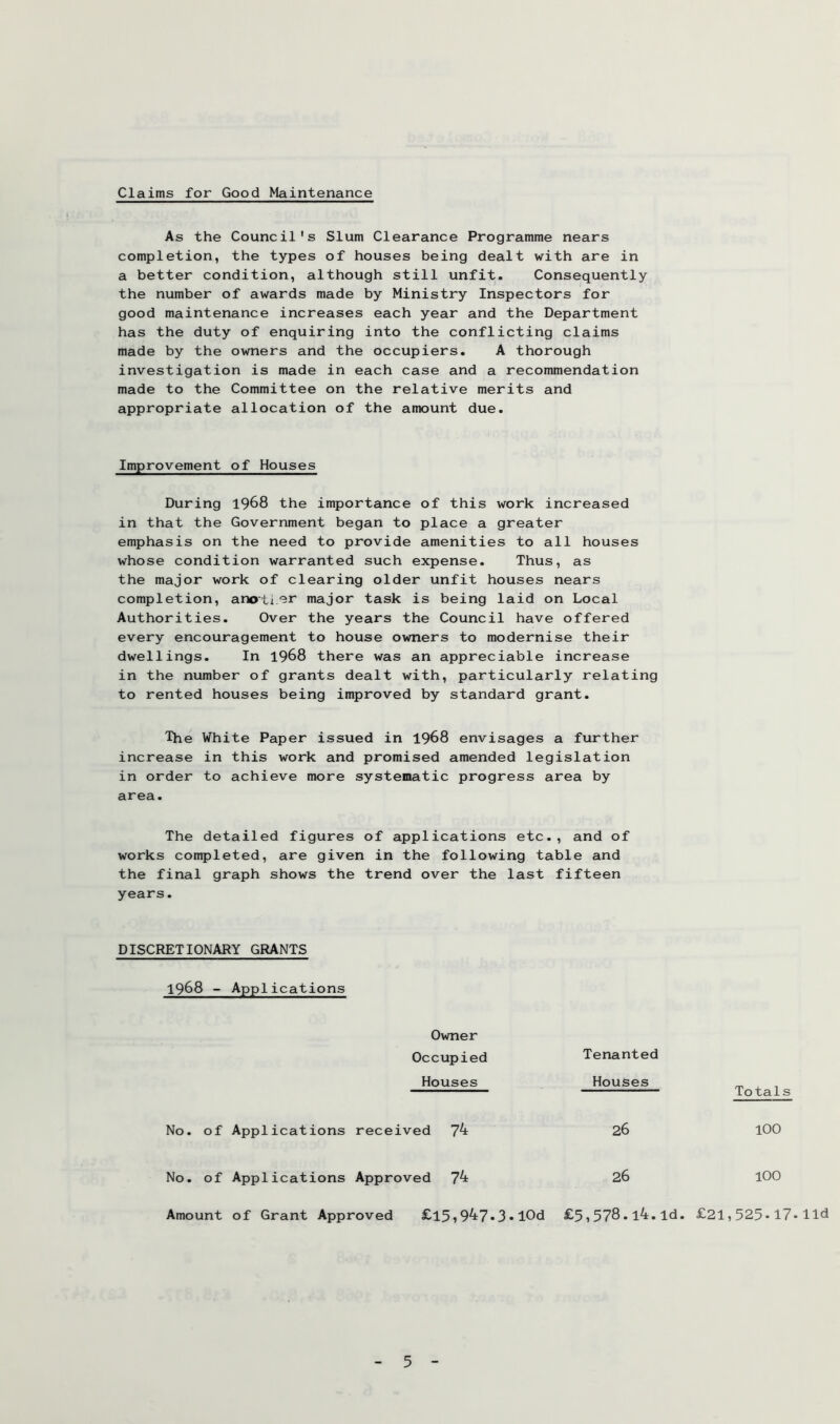 Claims for Good Maintenance As the Council's Slum Clearance Programme nears completion, the types of houses being dealt with are in a better condition, although still unfit. Consequently the number of awards made by Ministry Inspectors for good maintenance increases each year and the Department has the duty of enquiring into the conflicting claims made by the owners and the occupiers. A thorough investigation is made in each case and a recommendation made to the Committee on the relative merits and appropriate allocation of the amount due. Improvement of Houses During 1968 the importance of this work increased in that the Government began to place a greater emphasis on the need to provide amenities to all houses whose condition warranted such expense. Thus, as the major work of clearing older unfit houses nears completion, anoti.er major task is being laid on Local Authorities. Over the years the Council have offered every encouragement to house owners to modernise their dwellings. In 1968 there was an appreciable increase in the number of grants dealt with, particularly relating to rented houses being improved by standard grant. The White Paper issued in 1968 envisages a further increase in this work and promised amended legislation in order to achieve more systematic progress area by area. The detailed figures of applications etc., and of works completed, are given in the following table and the final graph shows the trend over the last fifteen years. DISCRETIONARY GRANTS 1968 - Applications Owner Occupied Tenanted Houses Houses Totals No. of Applications received 74 26 100 No. of Applications Approved 74 26 100 Amount of Grant Approved £l5»947*3»lOd £5,578.14.Id. £21,525-17-lid