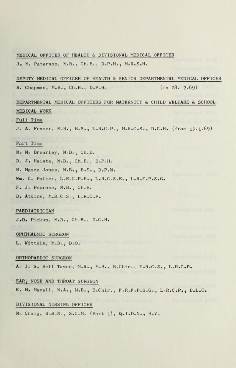 MEDICAL OFFICER OF HEALTH & DIVISIONAL MEDICAL OFFICER Jo Mo Paterson, MoBo; Ch.B., DoPoHo, MoRoSoHo DEPUTY MEDICAL OFFICER OF HEALTH & SENIOR DEPARTMENTAL MEDICAL OFFICER R. Chapman, M.Bo, Ch.Bo, DoPoHo (to 28. 2.69) DEPARTMENTAL MEDICAL OFFICERS FOR MATERNITY & CHILD WELFARE & SCHOOL MEDICAL WORK Full Time J. A. Fraser, MoB,, B»So, LoR.CoPo, MoRoCoSo, D.C.H. (from 13«1«69) Part Time Mo Mo Brearley, MoBo, Ch.B. D. J. Haiste, MoBo, Ch.B., DoPoHo Mo Mason Jones, MoBo, BoS., DoPoMo Wm. C. Palmer, LoRoCoPoEo, L.RoCoSoEo, L.RoFoP.S.G. F« Jo Penrose, M.B., Ch.B. Do Atkins, M.RoCoSo, LoRoCoP. PAEDIATRICIAN J.Do Pickup, M.Do, Ch„B., DoCoH. OPHTHALMIC SURGEON L. Wittels, MoDo, DoOo ORTHOPAEDIC SURGEON Ao Jo So Bell Tawse, MoAo, MoB., B^Chir., F.RoCoS., LoRoCoP. EAR, NOSE AND THROAT SURGEON Ko M. Mayall, MoAo, M.Bo, BoChir., FoRoFoPoSoGo, LoR.CoPo, DoLoO. DIVISIONAL NURSING OFFICER Mo Craig, SoRoNo, S.CoMo (Part l), Q.I.DoNo, HoVo