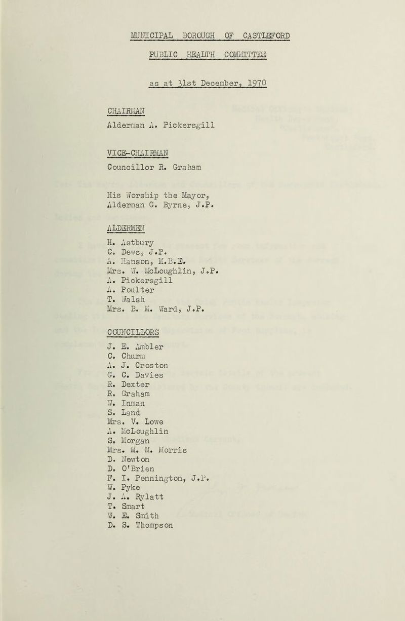 PUBLIC HEALTH COMMITTEE as at 31st December, 1970 CHAIRMAN Alderman A. Pickersgill VICE- CILi IPHAN Councillor R. Graham His Worship the Mayor, Alderman G. Byrne, J.P. ALDERMEN H. Astbury C o Dews, J.P. x* • Hanson, M • B • aj. Mrs. XL McLoughlin, J.P. A. Pickersgill A. Poulter T. Walsh Mrs. B. M. Ward, J.P. COUNCILLORS J. E. Ambler C. C hurra A. J. Croston G. C. Davies R. Dexter R. Graham W. Inman S. Land Mrs. V. Lowe A. McLoughlin S. Morgan Mrs. M. M. Morris D. Newton D. O’Brien F. I. Pennington, J.P. N. Pyke J. A. Rylatt T. Smart W. S. Smith D. S. Thompson