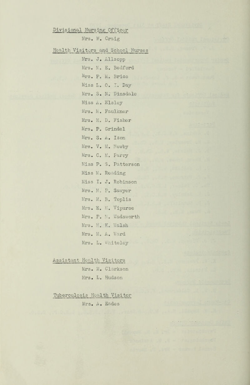 Divisional Nursing Officer Mrs. M. Craig Health Visitors and School Nurses Mrs. J. Allsopp Mrs. M. E. Bedford Mrs. P. M. Brice Miss L. 0. I. Day Mrs. S. N. Dinsdale Miss A. Elsley Mrs. M. Faulkner Mrs. M. D. Fisher Mrs. P. G-rindel Mrs. S. A. Izon Mrs. V. M. Newby Mrs. c. M. Parry Miss p. 5. Patterson Miss M. Reading Mis s I. J. Robinson Mrs. M. P. Sawyer Mrs. M. B. Toplis Mrs. E. M„ Vipurse Mrs. P. Wadsworth Mrs. M. K. Walsh Mrs. M. A o Ward Mrs. L. Whiteley Assistant Health Visitors Mrs. M. Clarkson Mrs. L. Hudson Tuberculosis Health Visitor Mrs. A. Eades