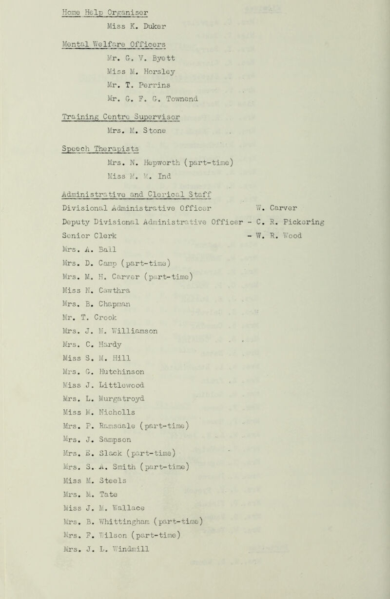 Home Help Organiser Miss K. Duker Mental Welfare Officers Mr. G. V. Byett Miss M. Horsley Mr. T. Perrins Mr. G. F. G. Townend Training Centre Supervisor Mrs. M. Stone Speech Therapists Mrs. N. Hepworth (part-time) Miss M. M. Ind Administrative and Clerical Staff Divisional Administrative Officer Deputy Divisional Administrative Officer - Senior Clerk Mrs. A. Ball Mrs. D. Camp (part-time) Mrs. Mo H. Carver (part-time) Miss N. Cawthra Mrs. B. Chapman Mr. T. Crook Mrs. J. Mo Williamson Mrs. C. Hardy Miss S. M. Hill Mrs. G. Hutchinson Miss J. Littlewood Mrs. L. Murgatroyd Miss M. Nicholls Mrs. P. Ramsaale (part-time) Mrs. J.. Sampson Mrs. E. Slack (part-time) Mrs. S.-A. Smith (part-time) Miss M. Steels Mrs. M. Tate Miss J. M. Wallace Mrs. B. Whittingham (part-time) Mrs. F. Wilson (part-time) Mrs. J. Lo Windmill W. Carver C. R. Pickering W. R. ’Wood