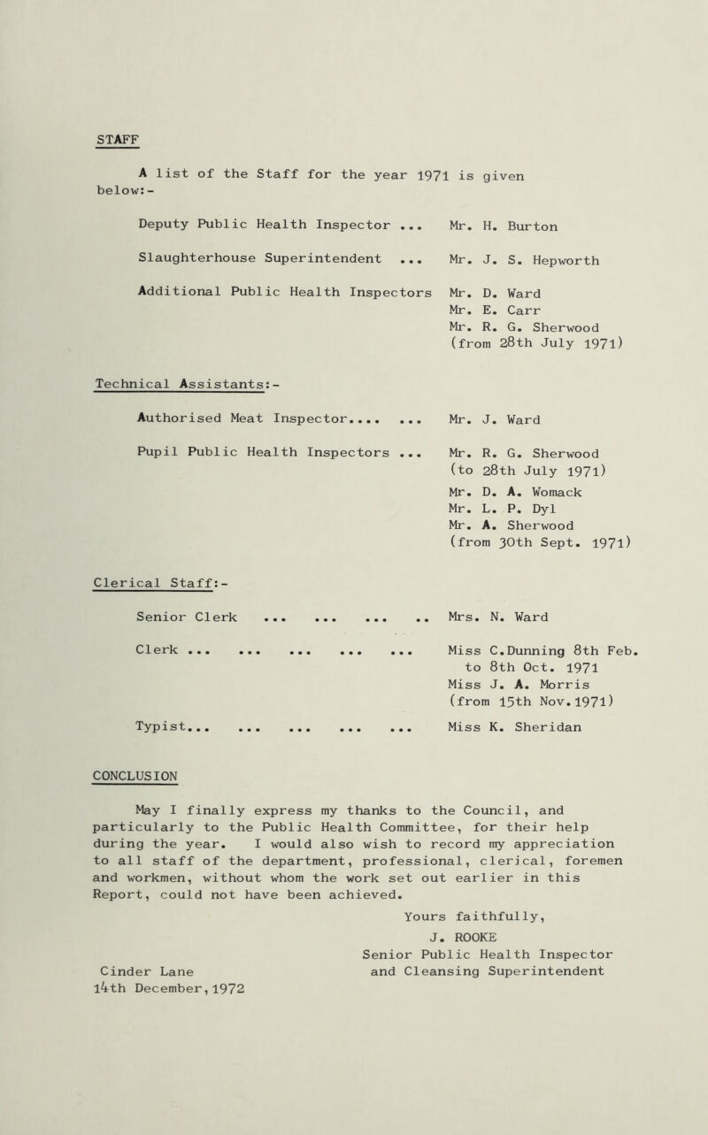 STAFF A list of the Staff for the year 1971 is given below:- Deputy Public Health Inspector ... Slaughterhouse Superintendent ... Mr. H. Burton Mr. J. S. Hepworth Additional Public Health Inspectors Mr. D. Ward Mr. E. Carr Mr. R. G. Sherwood (from 28th July I97l) Technical Assistants:- Authorised Meat Inspector Pupil Public Health Inspectors ... Mr. J. Ward Mr. R. G. Sherwood (to 28th July 1971) Mr. D. A. Womack Mr. L. P. Dyl Mr. A. Sherwood (from 30th Sept. I97l) Clerical Staff:- Senior Clerk Mrs. N. Ward Clerk ... ... ... ... ... Miss C.Dunning 8th Feb. to 8th Oct. 1971 Miss J. A. Morris (from 15th Nov.1971) Typist... ... ... ... ... Miss K. Sheridan CONCLUSION May I finally express my thanks to the Council, and particularly to the Public Health Committee, for their help during the year. I would also wish to record my appreciation to all staff of the department, professional, clerical, foremen and workmen, without whom the work set out earlier in this Report, could not have been achieved. Yours faithfully, J. ROOKE Senior Public Health Inspector and Cleansing Superintendent Cinder Lane l4th December,1972