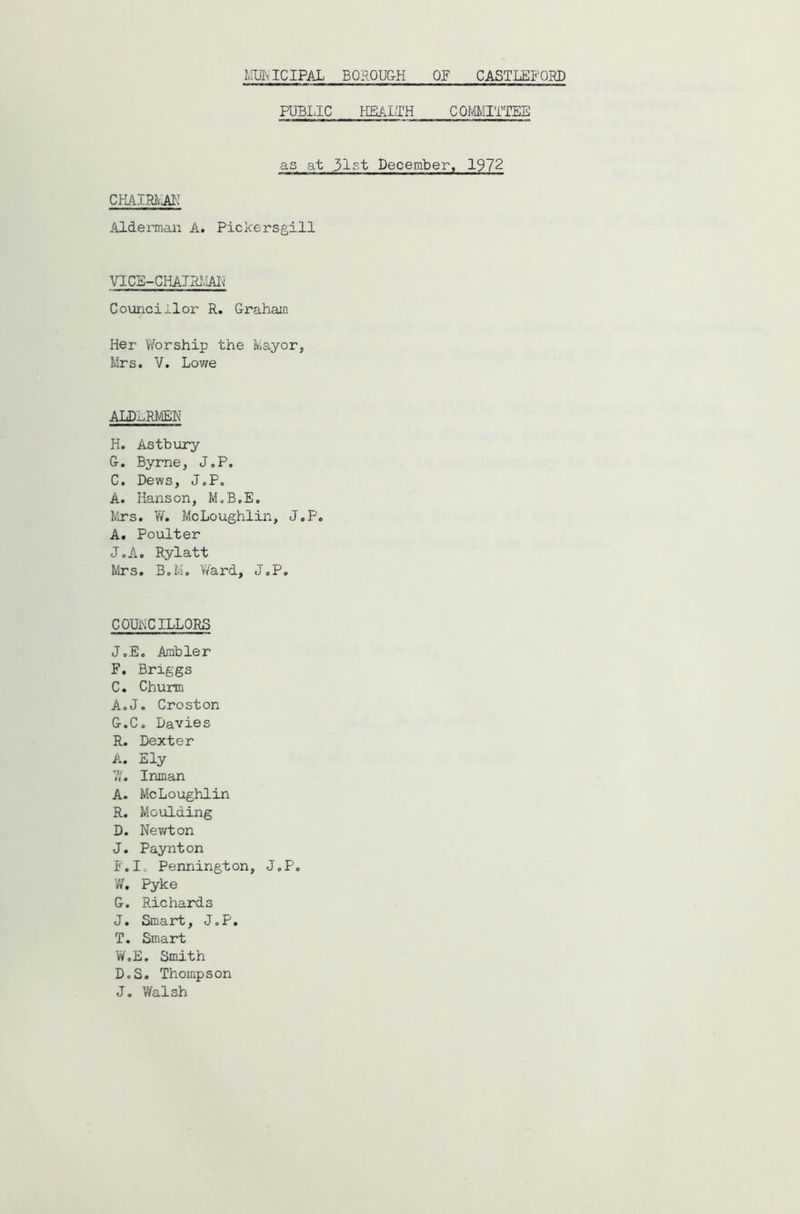 PUBIJC HEAI/IH COmilTTEE as at 31st December, 1972 CHAIRA'A]}! Alderman A. Pickersgill VICE-CHATR.MAI^ Councillor R. Graham Her Vforship the kayor, Mrs. V. Lov/e ALDERMEN H. Astbury G. Byrne, JoP. C. Dews, J«Po A. Hanson, M,B.E. Mrs. V7. McLoughlin, J.P. A. Poulter J.A. Rylatt Mrs. B.M. Ward, J.P. COUNCILLORS J.E. Ambler F, Briggs C. Churm A.J. Croston G. C. Davies R. Dexter A. Ely V/. Inman A. McLoughlin R. Moulding D. Nevrton J. Paynton F. I. Pennington, J.P. V/. Pyke G. Richards J. Smart, J.P. T. Smart W.E. Smith D.S. Thompson J. Walsh