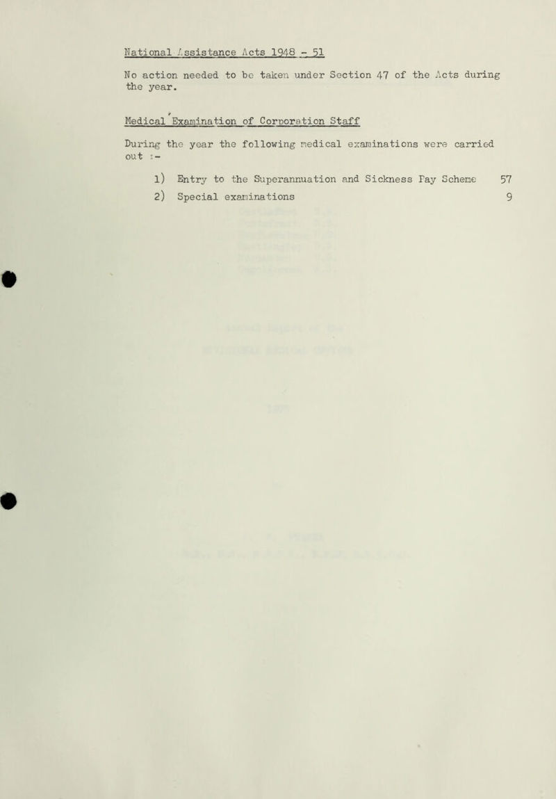 National Assistance Acts 1948 - 51 No action needed to bo taken under Section 47 of the Acts during the year. Medical Examination of Cornoration Staff During the year the following nedical ezarainations were carried out 1) Entry to the Superannuation and Sickness Fay Schene 57 2) Special examinations 9