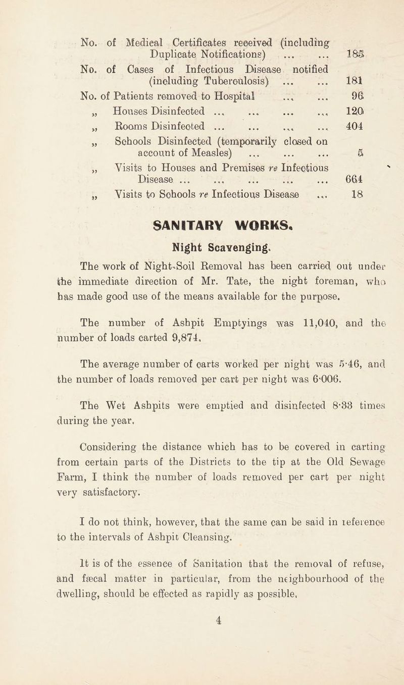 No. of Medical Certificates received (including Duplicate Notifications) No. of Cases of Infectious Disease notified (including Tuberculosis) No. of Patients removed to Hospital „ Houses Disinfected ... j, Kooms Disinfected ... „ Schools Disinfected (temporarily closed on account of Measles) „ Visits to Houses and Premises r& Infectious Ilisease ... ... ... ... ... ,, Visits to Schools re Infectious Disease im 181. 98 120 404 684 18 SANITARY WORKS* Night Scavenging, The work of Night-Soil Removal has been carried out under ihe immediate direction of Mr. Tate, the night foreman, who has made good use of the means available for the purpose. The number of Ashpit Emptyings was 11,040, and the number of loads carted 9,874, The average number of carts worked per night was .5*46, and the number of loads removed per cart per night was 6'006. The Wet Ashpits were emptied and disinfected 8*33 times during the year. Considering the distance which has to be covered in carting from certain parts of the Districts to the tip at the Old Sewage Farm, I think the number of loads removed per cart per night very satisfactory. I do not think, however, that the same can be said in reference to the intervals of Ashpit Cleansing. It is of the essence of Sanitation that the removal of refuse, and frecal matter in particular, from the neighbourhood of the dwelling, should be effected as rapidly as possible,