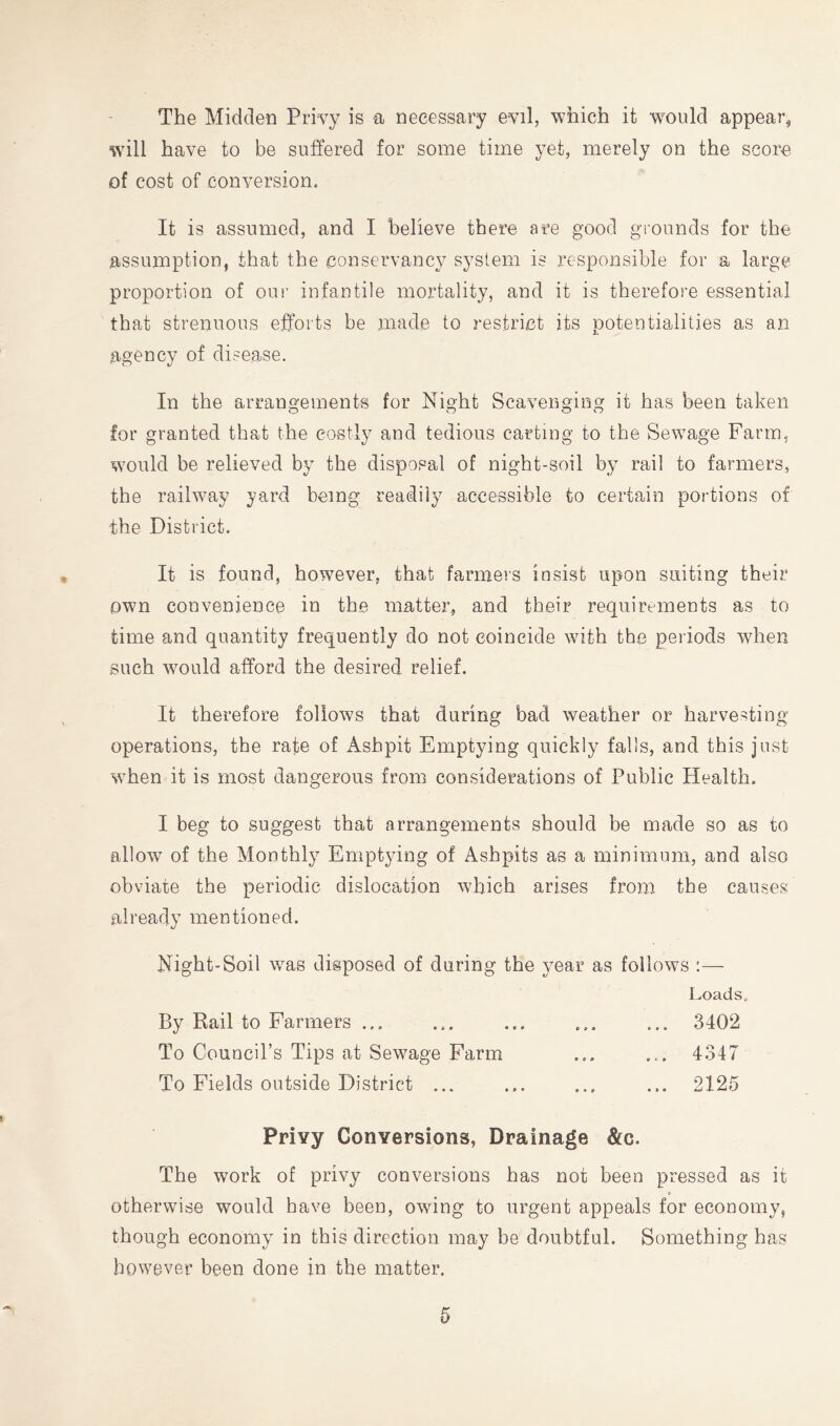 The Midden Privy is a necessary evil, which it would appear, w’ill have to be suffered for some time yet, merely on the score, of cost of conversion. It is assumed, and I believe there are good grounds for the assumption, that the conservancy system is responsible for a large proportion of our infantile mortality, and it is therefore essential that strenuous efforts be made to restrict its potentialities as an agency of disease. In the arrangements for Night Scavenging it has been taken for granted that the costly and tedious carting to the Sewage Farm, would be relieved by the disposal of night-soil by rail to farmers, the railway yard being readily accessible to certain portions of the District. It is found, however, that farmeis insist upon suiting their own convenience in the matter, and their requirements as to time and quantity frequently do not coincide with the periods when such would afford the desired relief. It therefore follows that during bad weather or harvesting operations, the rate of Ashpit Emptying quickly falls, and this just when it is most dangerous from considerations of Public Health. I beg to suggest that arrangements should be made so as to allow of the Monthly Emptying of Ashpits as a minimum, and also obviate the periodic dislocation which arises from the causes already mentioned. Night-Soil was disposed of during the year as follows :— Loads, By Rail to Farmers ... ... ... ... ... 3402 To Council’s Tips at Sewage Farm ... ... 4347 To Fields outside District ... ... ... ... 2125 Privy Conversions, Drainage &c. The work of privy conversions has not been pressed as it otherwise would have been, owing to urgent appeals for economy, though economy in this direction may be doubtful. Something has however been done in the matter.