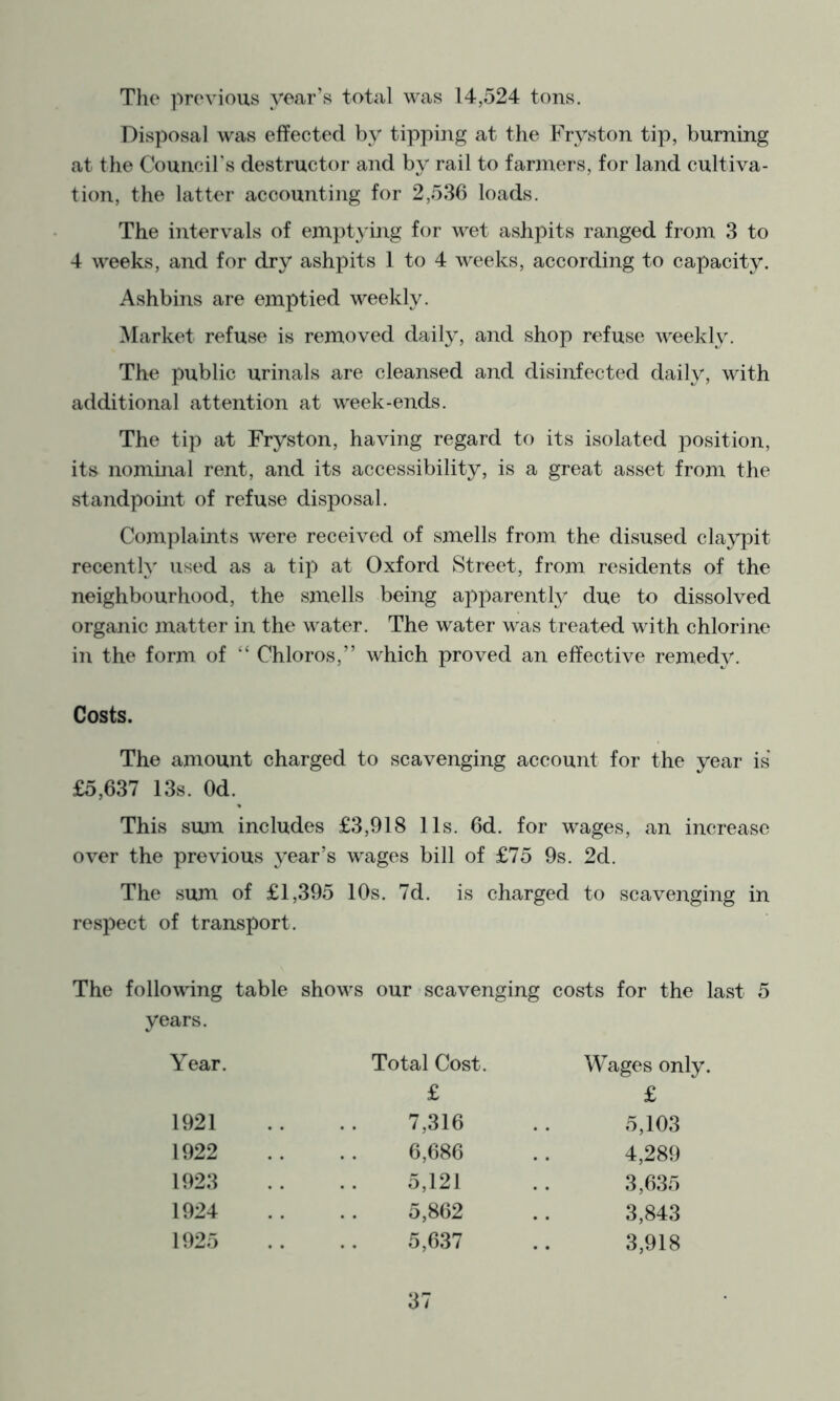 The previous year’s total was 14,524 tons. Disposal was effected by tipping at the Fryston tip, burning at the Council’s destructor and by rail to fanners, for land cultiva- tion, the latter accounting for 2,536 loads. The intervals of emptying for wet ashpits ranged from 3 to 4 weeks, and for dry ashpits 1 to 4 weeks, according to capacity. Ashbins are emptied weekly. Market refuse is removed daily, and shop refuse weekly. The public urinals are cleansed and disinfected daily, with additional attention at week-ends. The tip at Fryston, having regard to its isolated joosition, its nominal rent, and its accessibility, is a great asset from the standpoint of refuse disposal. Complaints were received of smells from the disused claypit recently used as a tip at Oxford Street, from residents of the neighbourhood, the smells being apparently due to dissolved organic matter in the water. The water was treated with chlorine in the form of “ Chloros,” which proved an effective remedy. Costs. The amount charged to scavenging account for the year is £5,637 13s. Od. This sum includes £3,918 11s. 6d. for wages, an increase over the previous year’s wages bill of £75 9s, 2d. The sum of £1,395 10s. 7d. is charged to scavenging in respect of transport. The following table shows our scavenging costs for the last 5 years. Year. Total Cost. Wages only. £ £ 1921 7,316 5,103 1922 6,686 4,289 1923 5,121 3,635 1924 5,862 3,843 1925 5,637 3,918