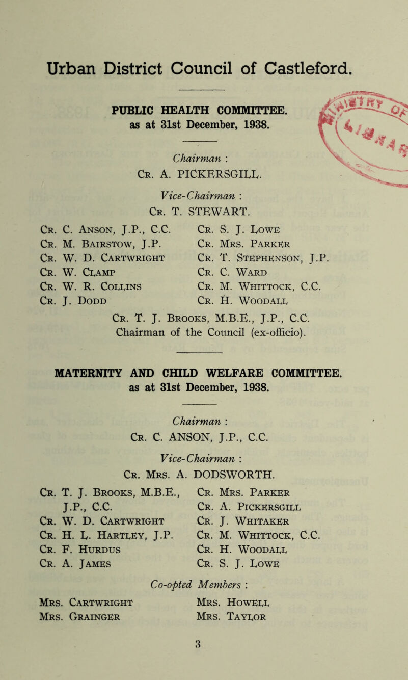PUBLIC HEALTH COMMITTEE. as at 31st December, 1938. Chairman : Cr. a. PICKERSGILIy. Vice-Chairman : Cr. T. STEWART. Cr. C. Anson, J.P., C.C. Cr. M. Bairstow, J.P. Cr. W. D. Cartwright Cr. W. CivAmp Cr. W. R. ColIvIns Cr. J. Dodd Cr. S. J. Lowe Cr. Mrs. Parker Cr. T. Stephenson, J.P. Cr. C. Ward Cr. M. Whittock, C.C. Cr. H. Woodaee Cr. T. j. Brooks, M.B.E., J.P., C.C. Chairman of the Council (ex-officio). MATERNITY AND CHILD WELFARE COMMITTEE, as at 31st December, 1938. Chairman : Cr. C. ANSON, J.P., C.C. Vice-Chairman : Cr. Mrs. A. DODSWORTH. Cr. T. j. Brooks, M.B.E., J.P., C.C. Cr. W. D. Cartwright Cr. H. L. Hartley, J.P. Cr. F. Hurdus Cr. a. James Cr. Mrs. Parker Cr. a. Pickersgill Cr. j. Whitaker Cr. M. Whittock, C.C. Cr. H. Woodall Cr. S. j. Lowe Co-opted Members : Mrs. Cartwright Mrs. Howell Mrs. Grainger Mrs. Taylor