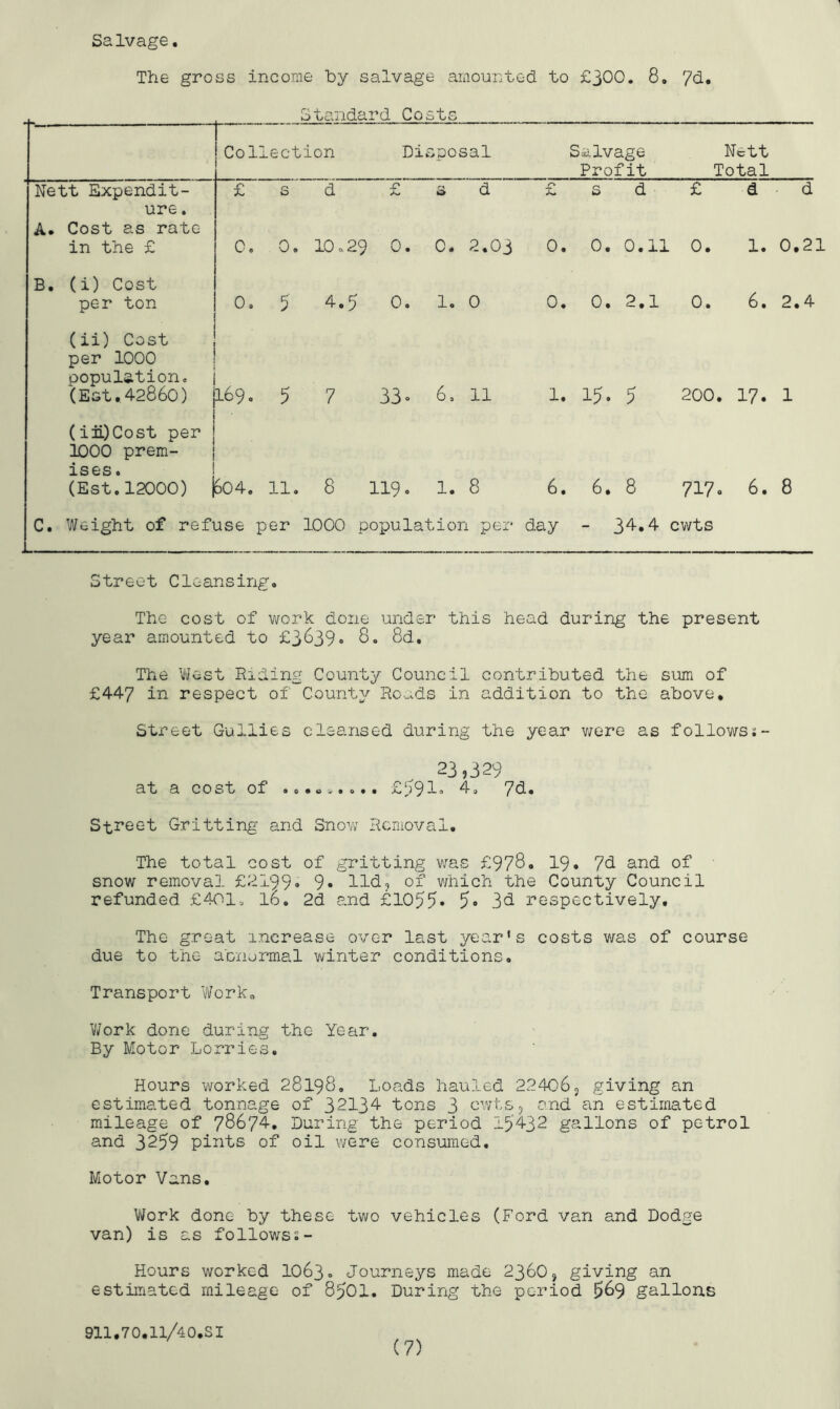 Salvage The gross income by salvage amounted to £300. 8. Coi: 0 euiiucii'u oe .ection Disoosal Salvage Nett Profit Total Nett Expend!t- s d £ s d X s d £ d d ure. A. Cost as rate in the £ 0. 0. 10.29 0. 0. 2.03 0. 0. 0.11 0. 1. 0.2 B, (i) Cost per ton 0. 5 4,5 0. 1. 0 0. 0. 2.1 0. 6, 2.4 (ii) Cost per 1000 population. (Est,42860) 169, 5 7 33. 6. 11 1. 15. 5 200. 17. 1 (iii)Cost per 1000 prem- ises . (Est.12000) 604, 11. 8 119. 1. 8 6. 6, 8 717» 6. 8 C. Weight of refuse per 1000 population per day - 34.4 cwts Street Cleansing. The cost of work done under this head during the present year amounted to £3839* S. 8d, The West Riding County Council contributed the sum of £447 in respect of County Roads in addition to the above. Street Gullies cleansed during the year v/ere as follows;- 23,329 at a cost of £9910 Sti’eet Gritting and Sno^A^ Removal. The total cost of gritting was £978• I9. 7^ and of snow removal £G199» 9» Hd, of v/hich the County Council refunded £401. 16. 2d and £1055‘ 3d respectively. The great increase over last year’s costs was of course due to the abnormal winter conditions. Transport Work. V/ork done during the Year. By Motor Lorries, Hours worked 28198. Loads hauled 22406, giving an estimated tonnage of 3213^ tons 3 ewts, and an estimated mileage of 78674. During the period 16432 gallons of petrol and 3259 pints of oil were consumed. Motor Vans. Work done by these two vehicles (Ford van and Dodge van) is as followss- Hours worked IO630 Journeys made 236O, giving an estiiTiatcd mileage of 850I. During the period 669 gallons 911.70.ll/40.SI
