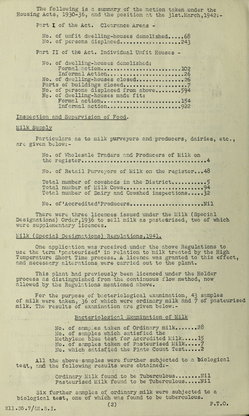 The following is a summary of the -action taken under the Housing Acts, 1930-36, and the position at the 31st.March,1942;- Part I of the Act. Clearance Areas - No. of unfit dwelling-houses demolished.....68 No. of persons displaced .243 Part II of the Act. Individual Unfit Houses - No, of dwelling-houses demolished; Formal.action......................... 102 Inf ormal Action.........................26 No. of dwelling-houses closed......... 26 Parts of buildings closed 7 No, of persons displaced from above. 594 No. of dwelling-houses made fits Formal action. .oo.‘qoo9o.so.ooo...oo.o, 154 Informal action.......................922 Inspection and Supervision of Food. Milk Supply Particulars as to milk purveyors and producers, dairies, etc., are given below;- No. of Wholesale Traders and Producers of Milk on the register. 4 No. of Retail Purveyors of Milk on the register,..48 Total number of cowsheds in the District...,. 5 Total number of Milk Cows. 94- Total number of Dairy and Cowshed inspections..,..^ No. of ‘Accredited’ Producers Nil There were three licences issued under the Milk (Special Designations) Order,1936 to sell milk as pasteurised, two of which were supplementary licences. Milk (Special Designations) Regulations,1941. One application was received under the above Regulations to use the term ’pasteurised' in relation to milk treated by the High Temperature Short Time process. A' licence was granted to this effect, and necessary alterations were carried out to the plant. This plant had previously been licenced under the Holder process as distinguished from the. continuous flow method, now allowed by the Regulations mentioned above. For the purpose of bacteriological examination, 43 samples of milk were taken, 36 of which were ordinary milk and 7 of pasteurised milk. The results of examination are given below.- Bacteriological .Examination of Milk ( No. of samples taken of Ordinary milk 28 No. of samples which satisfied the Methylene blue test for Accredited Milk,.... 15 No. of samples taken of Pasteurised Milk 7 No. which satisfied the Plate Count Test 2 All the above samples were further subjected to a biological test-, and the following results were obtained:- Ordinary Milk found to be Tuberculous.. Nil Pasteurised Milk found to be Tuberculous.....Nil Six further samples of ordinary milk were subjected to a biological test, one of which was found to be tuberculous. 211.35.7/42. S. I.