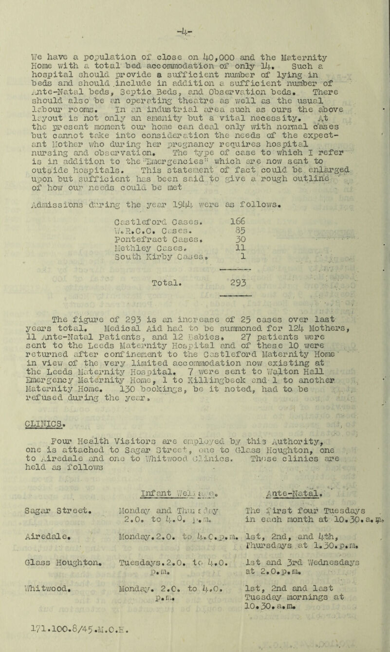 -4- We have a population of close on 40,000 and the Maternity Horae with a. total bed accoraraodation of only 14. Such a hospital should provide a sufficient nuraber of lying in beds and should .include in addition a sufficient number of .ijite-Natal beds. Septic Beds, and Observation beds* There should also be an operating theo.tre as v/ell as the usual labour rooms. In an industrial area such as ours the above layout is not only an amenity but a vital necessity. At the present moment our home can deal only v/ith norraal c'ases but cannot tahe into consideration the needs of the expect- ant Mother v/ho dui-’ing her pregnancy requires hospital nursing and observation. The type of case to which I refer is in addition to the'Timergeneies'‘ which are nov/ sent to outside hospitals. This statement of fact could be.enlarged upon but sufficient has been said to give a rough outdih'e of how ou:a needs could be met ’ ■ ‘ Admissions during the year IS^dl- were as follows* Gastleford Cases. l66 'i/«.R*C.C. Cases. 85 Pontefract Cases. 30 Methley Cases. 11 South Kirby Cases. 1 Total. 293 The figure of 293 is an increase of 25 cases over last years total. Medical Aid had to be summoned for 124 Mothers, 11 snte-Natal Patients, and 12 fabies. 27 patients ¥>/ere sent to the Leeds Maternity Hospital and of these 10,were returned after confinement to the Castleford Maternity Home in viev/ of the very limited accoraraodation now existing at the Leeds Maternity Hospital. 7 were sent to Walton Hall Eraergency Maternity Horae, 1 to Killingbeclc and- 1 to another. Maternity Home. 130 bookings, be it noted, had to. be refused during the year. CLINICS. Four Health Visitors are eraployed by this Authority, one is attached to Sagar Street, one to Class Houghton, one to Airedale and one to V/hitwood Clinicsr Those clinics are held as follows Sagar Street. Airedale. Infant Wel.i Ante-.Natal.' Monday,'’ and Thuir:''ay The first four Tuesdays 2.0. to 4.0, ]*,ra* in each raonth at 10.30. a, MondEiy.2.0. to 4.C.p,m, 1st, 2nd, and 4th, rhursdays at 1* 30. p. ra. Glass Houghton. Tuesdays,2.0. to 4*0. P. ra. Ist and 3x’d Wednesdays at 2.0.p,ra, V/hitv/ood. Monday, 2,C. to 4*0. p.n.. 1st, 2nd and last Tuesday raornings at 10.30. a.nu I7I.IOO.8/45.M.O.E