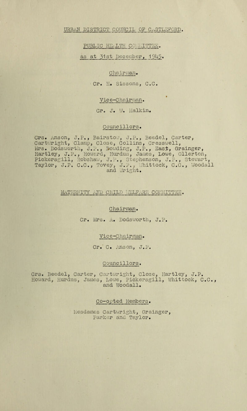 urban district council of C.-.STLEFORD PUBLIC HL/.LTH COla.ITTEE. as at 31st pecenlber, 1945* Chair I'lian, ' Cr. H. Sissons, C.C. Vice-Chairman. Cr, J. V/. I.’Ialhin, Councillors. Crs. Anson, J.P,, Bairstov/, J.P., Beedel, Carter, Cartv/right, Clamp, Close, Collins, Cress\/ell, ivlrs. Dodsworth, J.P,, Do\/ding, J.P., EasJ, Grainger, Hartley, J.P., Hov/o.rd, Hurdus, James, Lov/e, Ollerton, Pickersgill, Rohsha\/, J.P., Stexjhenson, J.P., Stewart, Taylor, J.P. C.C., Tovey, J.P., ;;hittock, C.C., V/oodall and Jright, Mi-iTLRI^ITY HID CHILD \J^LFaRE COIii/ilTTEE. Chairman, Cr. Mrs. A. Dodsv/orth, J.P. Vice-Chairman • Cr. C. iinson, J.P. Councillors. Crs. Beedel, Carter, Cartwright, Close, Hartley, J.P. Howard, Hurdus, James, Lov/e, Pickersgill, Whittock, C.C, and Woodall. Co-opted Memhers. liesdames Cartwright, Grainger, Parker and Taylor,