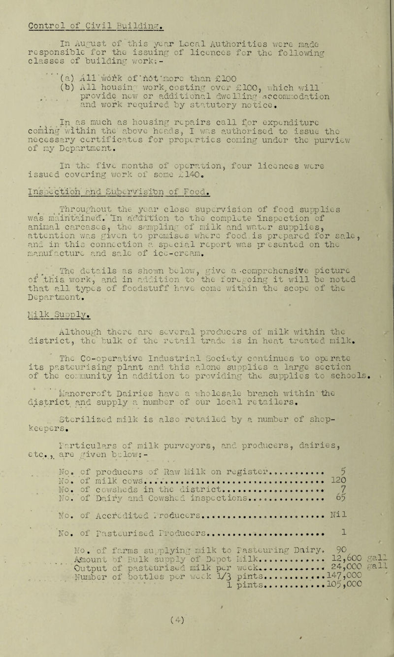 Control of Civil Buildinsr In Au^'ust of this year Local Authorities A/vero responsible for the issuing of licences for the follomng classes of building work;- (a) All'work of'hot'Lore than £100 (b) All housing work^costing over £100j which will provide novv or additional dwelling .-'.ccomuodation '' and work required by statutory notice, _In as much as housing repairs call for expenditure coming within the above heads, I v/as authorised to issue the necessary certificates for properties coming under the purview of m.y Department. In the fivt. months of operation, four licences wore issued covering work of some £14-0o Insoec'tibh' and Supervlsibn of Food, ^Throughout the year close supervision of food supplies was iiio’iritained. ‘In addition to the complL.te Inspection of animal carcases, the sampling of milk and v/at^r supplies, attention was given to premises v/herc food is prepared for sale, and in this connection a special report was presented on the manufacture and sale of icv^-cream. The details as shoo/n below, give a •com-prehensive picture of this work, and in addition to the foregoing it v\fill be noted tha.t all types of foodstuff have come v/itliin the scope of the Department. Milk Supply, Although there arc several produc^-rs of milk v/ithin the district, the bulk of the rL.tail trade is in heat treated milk. The Co-operative Industrial Society continues to operate its pasteurising plant and this alone supplies a large section of the community in addition to providing the supplies to schools, v ' ivlanorcroft Dairies have a wholesale branch v/ithin'the district and supply a number of our local retailers. Sterilized milk is also retailed by a number of shop- keepers. i'articulars of milk purveyors, conc producers, dairies, ctc,^,_ are given below;- IvTOo ^cf producers of Daw Milk on register., 5 i\To, 'of milk cov/s....' 120 lio. of cowslicds in the district. 7 No. 'of Daifv and Cowshed insuections. 65 4. No, of Accredited I'roducers Nil No. of pasteurised Producers..... 1 No , of Amount Output Number farms supplying milk to of Bulk supply of Depot of pasteurised milk p<_r of bottles pe-r wmek 1/3 ■ ‘ ■ 1 iastcuring Dairy. i'lilk.a....... .... V)/eek^ pints. pints . • • 90 12,600 gal 24,000 gal 147.000 105.000 (A)