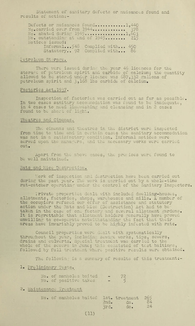 otatomGnt of sanitary defects or nuisances found and results of action:- Defects or nuisances found.. ;N’o.carried over from 194-4...... o.,.,,, No. abated durinr 1945= No. outstanding' at end of I945.. Notices issued: Informal.,. 548 Complied v/ith. . . Statutory.. 92 Complied v/itli.. . 1,440 378 I56C3 215 450 86 lotroleum Storane. There v/crc issued durin-' the year 46 licences for the stora*^c of petroleum spirit and carbide of calcium5 the quantity allov/cd to be stored under licence v/as 687,332 gallons of petroleum spirit and 39I68 lbs carbide of calcium. Factories Act,19^;7. Inspection of factories was carried out as far as possible. In two cases sanitary accoi.imodation was found to be inadequate, in 4 cases to need liniev/ashing and cleansing and in 2 cases found to b^ shoru of light. Theatres and Cinemas. The cinemas and theatres in the district v/erc inspected from time to time and in certain cases the sanitary accommodation was not in a satisiactory condition. Informal notices were served upon the manapmrs, and the necessary works were carried out. Apart from the above cases, the prer.ises were found to be v/ell maintainedo hats and Mice Destruction. '.’ork of inspection and d^striiction have been carried out during the past year. The work is carried out by a '#holc-time rat-catcher operating' under the control of the Sanitary Inspectors. I rivate properties dealt \eith included dwelling-hous<-&, allotments, factories, shops, warehouses and mills. A number of the occupiers refused our offer of assistance and statutory action under the Rats and Mice (Destruction) Act had to be- taken in the case of on^ factory and several allotment gardens. It is regrettable that allotment holders generally have proved unwilling to co-operate notv/ithstanding the fact that their areas have invariably proved to be highly infested v/ith rats. Council properties were d-alt with systematically throughout the year, including sewage works, tips, sev/ers, drains and culverts. Special treatment was carried to the whole of the sev/ers in June 5 this consisted of test baitings, follov/ed by full treatm--,nt wh^rc. positive results v/ere obtained. The following- is a surmmai'y of results of this treatment 1, Preliminary Tests._ No, of manholes baited - 72 No. of positive takes - 5 2. Maintenance Tr^ atment No. of manholes baited 1st, treatment 265 2nd. do. 84 3rd. do. 24