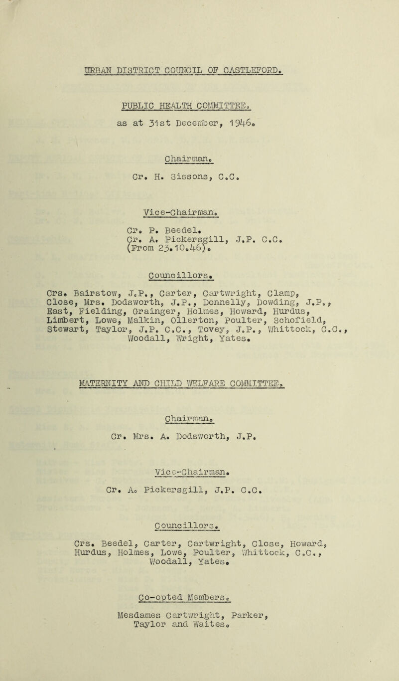 PUBLIC HEALTH COMMITTEE, as at 31st December, 1946© Chairman* Cr. H. Sissons, C.C. Vic e-C hairman* Cr* P. Beedel. Cr. A* Pickersgill, J.P. C.C. (Prom 23*10*46)* Councillors* Crs* Bairstow, J.P., Carter, Cartwright, Clamp, Close, Mrs. Dodsworth, J.P., Donnelly, Dowding, J.P, East, Fielding, Grainger, Holmes, Howard, Hurdus, Limbert, Lowe, Malkin, Ollerton, poulter, Schofield, Stewart, Taylor, J.P. C.C., Tovey, J.P., V/hittocli, C Woodall, Wright, Yates* MATERNITY AND CHILD WELFARE COMMITTEE* Chairman. Cr. Mrs. A. Dodsworth, J.P. Vic e-Chairman. Cr. A. Pickersgill, J.P. C.C. Councillors. Crs. Beedel, Carter, Cartwright, Close, Howard, Hurdus, Holmes, Lowe, poulter, Whittock, C.C., Woodall, Yates. Co-opted Membersc Mesdames Cartwright, Parker, Taylor and Waites.