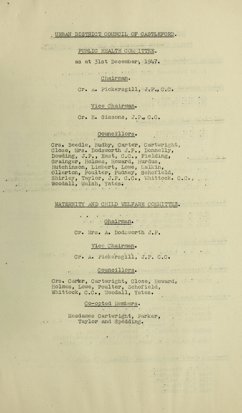 . UHBM PI S THXC.T: G-QUUMGIL ■■ OF GAS-T-LEFQRD. ■ ■ PUBLIC HEALTH G Olvli IITTEE. as at 31st Decerribery 1947* Chairman. Gr. A. Pickersgill,--JvF., G'.Ci Vice Chairman. Cr. H. Sissons, J.P., G.C. ■ Councillors. Crs. Beedle, Budhy, Carter,’ Ca'rtvi/right, Close, Mrs. Dodsworth J.P., Donnelly, Dowding, J.P,, East, C.C., Fielding, Grainger, Holmes, Hov/ard, Hurdus, Hutchinson, Lirnhert, Lov/e, Malkin, Cllerton, Poulter> Pudney, Schofield, Shirley, Taylor, J.P, G.C., V/hittock. C.G Vi^oodall,' Walsh, Yates; MATERNITY i\ND CHILD \i,'ELFARE COMMITTEE.' . . • ■ Chairman. • ■ Cr. Mrs. A. Dodsv/orth J.P. Vice Chairman. ' Cr. A. Pickersgill, J.P. C.C. Councillors..: Crs. Carter, Cartwright, Close, Howard, Holmes, Lowe, Poulter, Schofield, Vi/hittock, C.C., Woodall, Yates. Co-opted Members. Mesdames Cartwright, Parker, Taylor and SpCdding.