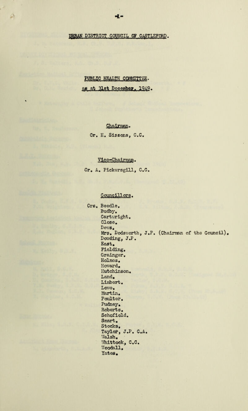 UfflAN DISTRICT COUNCIL OF GASTLEFORD PUBLIC HEALTH CmST^m. s,% 31st Dceeaibejrf 1949. Cr. H, Sissons, C.C. Vlce^Ohairmafn. Cr, A, Pickersgill, C.C, Councillors. Cre, Beedle, Budby, Cartva*ight, Close, Dews, Mrs, Dodsviorth, J.P, (Chairman of the Council), Devading, J.P. East, Fielding, Grainger, Holmes, Howard, Hutchinson, Land, Limbart, Lowe, Martin, Poult er, Pudney, Roberts, Schofield. Smart, Stocks, Taylor, J.P. C.A, Walsh, YJhittock, C.C, Woodall, Yates,