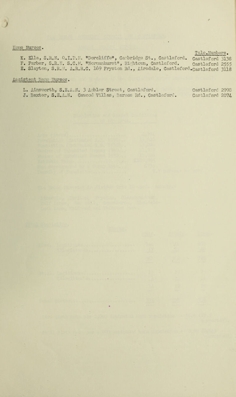 Hor.ie Nurses K. Ella, S.R.N. Q.I.D.iL ''Dorcliffo'*, Cartridge St,, Castleford. F. Farber, S.R.IT. S.C.f’I. ’’Nornanhurst”, Hir;;htov;n, Castleford. E, Slaj.’ton, S.R.l-T. A.R.R.C. 169 Fryston Rd., Airedale, Castleford As sistant liono Nurses, L. Ainsworth, S.E.A.W. 3 Anblor Street, Castleford. J, Baxter, S.E.A.N. Cavjood Villas, Barnes Rd., Castleford. Tele.Numbers, Castleford 3138 Castleford 2555 Castleford 3118 Castleford 2998 Castleford 2074