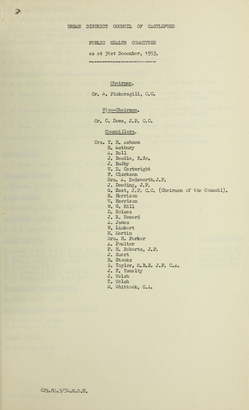 PUBLIC HEALTH COMMITTEE as at 31st December, 1953. Chairman. Cr, -ti, Pickersgill, C. C, Vice-Chairman• Cr, C, Devis, J.P. C, C, Councillors. Crs, T. H. Ashman H, iistbury A, Ball J, Beedle, B.Sc, J. Budby W. D, Cartv;right P. Clarkson Mrs. A. Dodsv/orth, J.P. J. Dowding, J.P. G-, East, J.P. C.C. (Chairman of the Council), H, Harrison Y/, Harrison W, G. Hill D, Holmes J, R. Hovt/ard A. James W, Liiribert H, Martin Mrs, H, Parker A, Poulter P. H. Roberts, J,P, J, Smart R, Stocks E, Taylor, M,B,E. J,P, C,A, J. P, TumeIty J, Walsh T, Yifalsh M, Whittock, C,A,