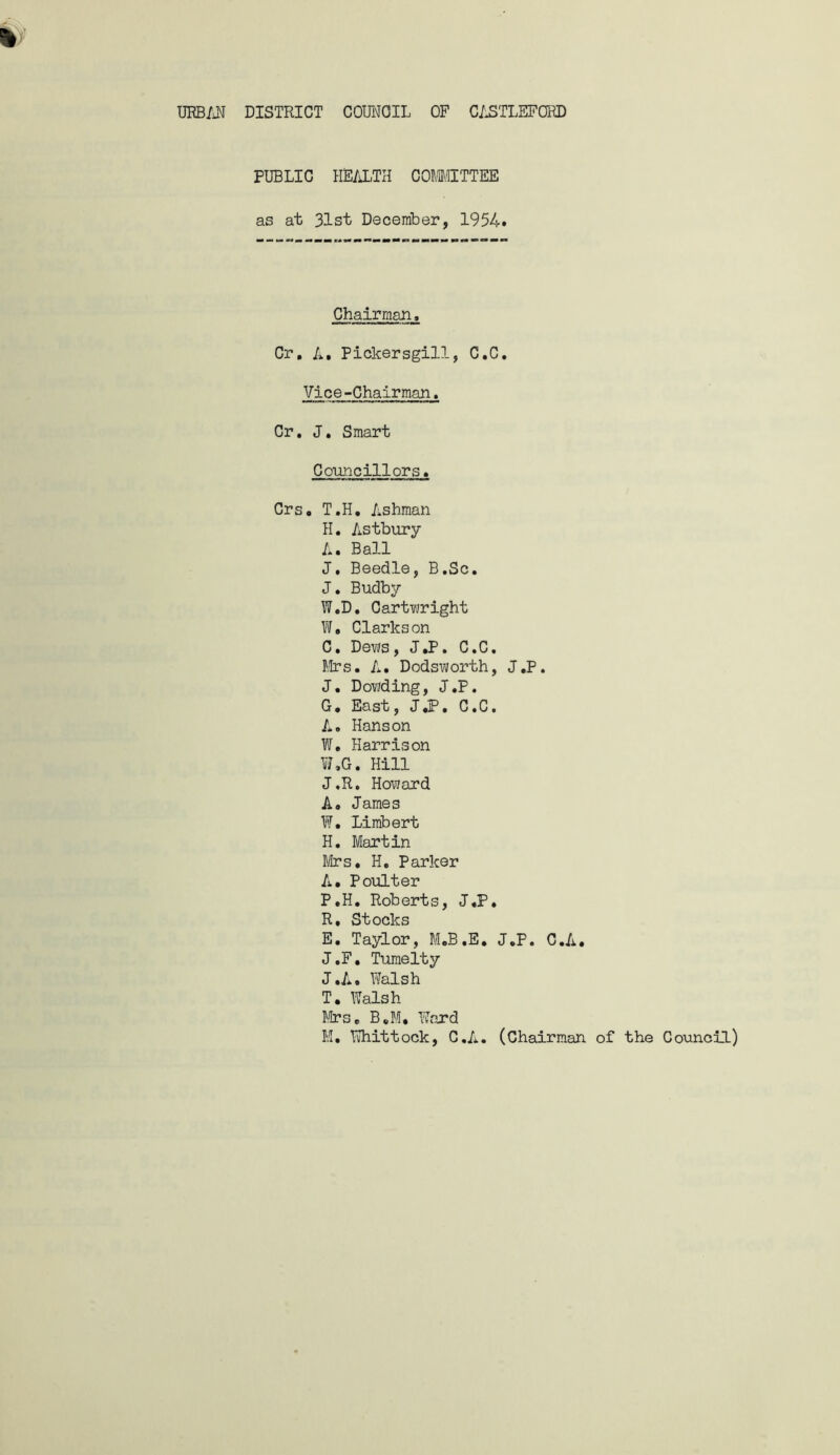 URB/JJ DISTRICT COUl'JOIL OF C/^TLEFORD PUBLIC HEALTH CORWTTEE as at 31st December, 1954. Chairman, Cr, A. Pickersgill, C.C. Vice-Chairman. Cr, J, Smart Councillors. Crs, T.H, Ashman H. Astbury A. Ball J, Beedle, B.Sc, J. Budby W.D. Cartwright W. Clarkson C. Dews, JJ’. C.C. r.'lrs, A. Dodsworth, J.P. J. DovJding, J.P. G, East, JJP, C.C. A. Hanson W. Harrison V7.G. Hill J.R, Howard A. James W. Limbert H, Martin firs. H, Parker A. Poulter P.H. Roberts, J.P. R, Stocks E, Taylor, M.B.E, J.P. C.A. J.F, Tumelty J.A. Walsh T. Walsh I, 1173, B.M, Yfard M, liJhittock, C.A. (Chairman of the Council.)