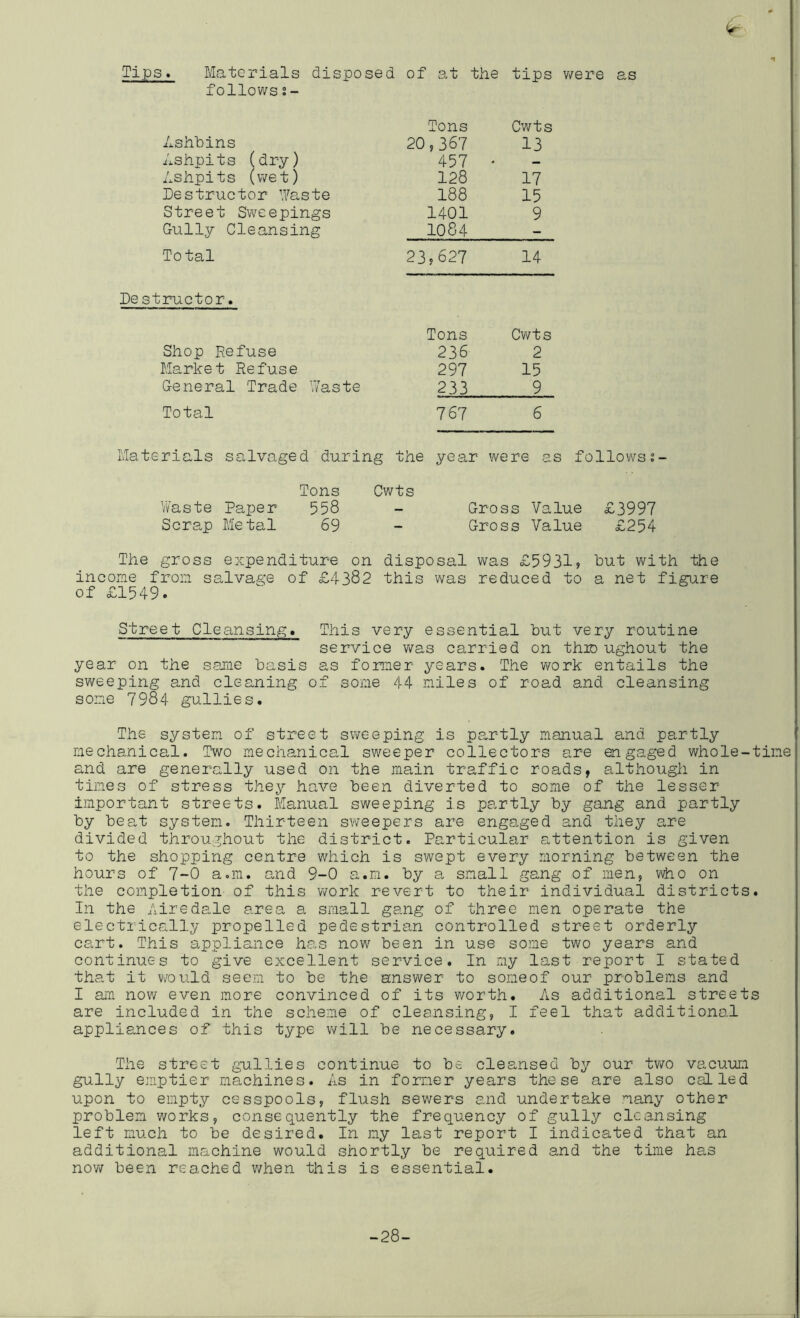 Tips» Materials disposed of at the tips v/ere as follows 2- Ashbins Tons 20,367 Cwts 13 Ashpits (dry) 457 Ashpits (wet) 128 17 Destructor l^aste 188 15 Street Sweepings 1401 9 Gully Cleansing 1084 - Total 23,627 14 Destractor. Tons Cv/ts Shop Refuse 236 2 Market Refuse 297 15 General Trade Waste 233 9 Total 767 6 Materials salvaged daring the year were as follows Tons Cwts \'Vaste Paper 558 Scrap Metal 69 Gross Value £3997 Gross Value £254 The gross expenditure on disposal was £5931? hut with the income from salvage of £4382 this was reduced to a net figi^re of £1549. Street Cleansing. This very essential but very routine service v/as carried on thio ughout the year on the same basis as former years. The ?rork entails the sweeping and cleaning of some 44 miles of road and cleansing some 7984 gullies. The system of street sweeping is partly manual and partly mechanical. Two mechanical sweeper collectors are engaged whole-tine and are generally used on the main traffic roads, although in times of stress they have been diverted to some of the lesser important streets. Manual sweeping is partly by gang and partly by beat system. Thirteen sweepers are engaged and they are divided throughout the district. Particular attention is given to the shopping centre which is swept every morning between the hours of 7-0 a.m. and 9-0 a.m. by a small gang of men, who on the completion- of this work revert to their individual districts. In the Airedale area a small gang of three men operate the electrically propelled pedestrian controlled street orderly cart. This appliance ha,s now been in use some two years and continues to give excellent service. In my last report I stated that it vrauld seem to be the answer to someof our problems and I am now even more convinced of its worth. As additional streets are included in the scheme of cleansing, I feel that additional appliances of this type will be necessary. The street gullies continue to be cleansed by our two vacuurr gully emptier machines. As in former years these are also called upon to empty cesspools, flush sewers and undertake many other problem works, consequently the frequency of gully cleansing left much to be desired. In my last report I indicated that an additional machine would shortly be required and the time has now been reached when this is essential. -28-