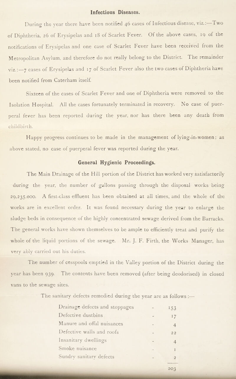 Infectious Diseases. During the vear there have been notified 46 cases of Infectious disease, viz.: Two of Diphtheria, 26 of Erysipelas and 18 of Scarlet Fever. Of the above cases, 19 of the notifications of Erysipelas and one case of Scarlet Fever have been received from the Metropolitan Asylum, and therefore do not really belong to the District. The remainder viz.: 7 cases of Ervsipelas and 1 7 of Scarlet Fever also the two cases of Diphtheria have been notified from Caterham itself. Sixteen of the cases of Scarlet Fever and one of Diphtheria were removed to the Isolation Hospital. All the cases fortunately terminated in recovery. No case of puer- peral fever has been reported during the year, nor has there been any death from childbirth. Happy progress continues to be made in the management of lying-in-women: as above stated, no case of puerperal fever was reported during the year. General Hygienic Proceedings. The Main Drainage of the Hill portion of the District has worked very satisfactorily during the year, the number of gallons passing through the disposal works being 29,235,000. A first-class effluent has been obtained at all times, and the whole of the works are in excellent order. It was found necessary during the vear to enlarge the slud ge beds in consequence of the highly concentrated sewage derived from the Barracks. The general works have shown themselves to be ample to efficiently treat and purify the whole of the liquid portions of the sewage. Mr. J. F. Firth, the Works Manager, has very ably carried out his duties. Idle number of cesspools emptied in the Valley portion of the District during the year has been 939. The contents have been removed (after being deodorised) in closed vans to the sewage sites. o The sanitarv defects remedied during the vear are as follows :— ' O ; Drainage defects and stoppages - 153 Defective dustbins - 17 Manure and offal nuisances - 4 Defective walls and roofs - 22 Insanitary dwellings _ 4 Smoke nuisance - 1 Sundry sanitary defects - 2 203