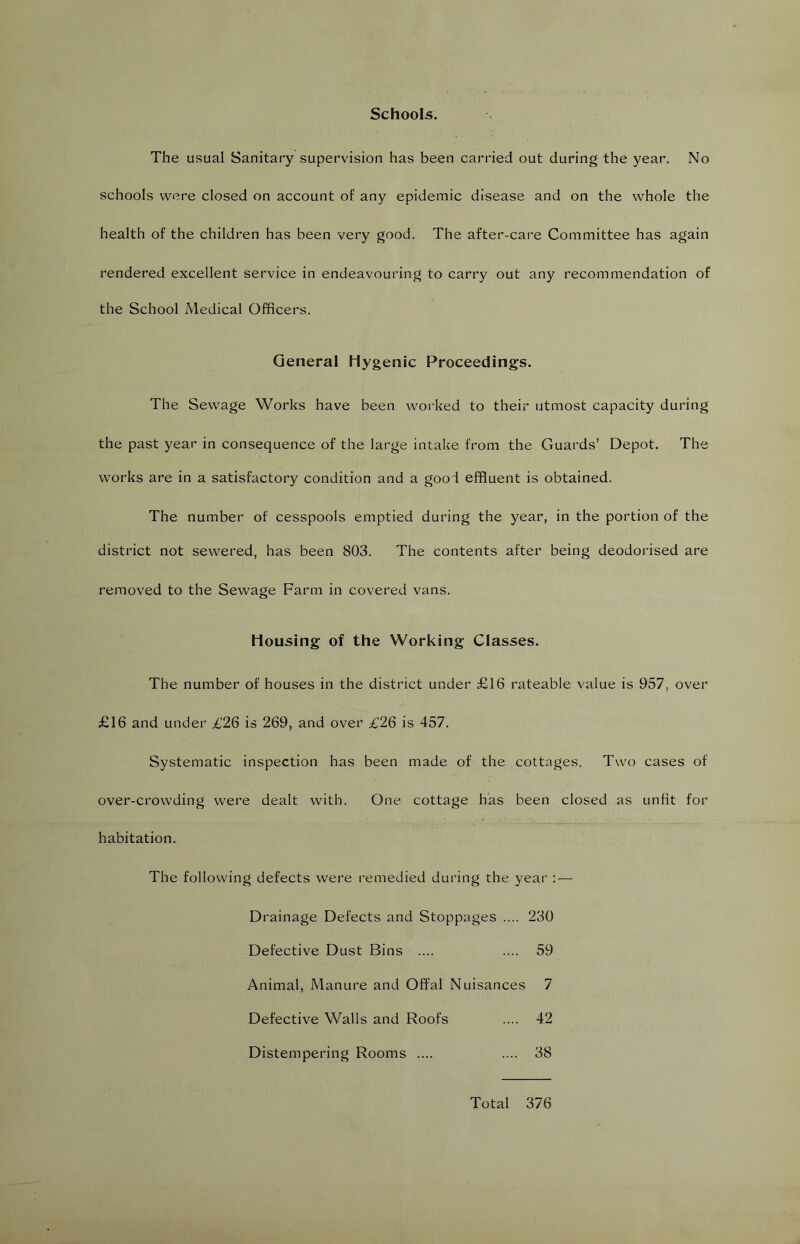 Schools. The usual Sanitary supervision has been carried out during the year. No schools were closed on account of any epidemic disease and on the whole the health of the children has been very good. The after-care Committee has again rendered excellent service in endeavouring to carry out any recommendation of the School Medical Officers. General Hygenic Proceedings. The Sewage Works have been worked to their utmost capacity during the past year in consequence of the large intake from the Guards’ Depot. The works are in a satisfactory condition and a good effluent is obtained. The number of cesspools emptied during the year, in the portion of the district not sewered, has been 803. The contents after being deodorised are removed to the Sewage Farm in covered vans. Housing of the Working Classes. The number of houses in the district under £16 rateable value is 957, over £16 and under £26 is 269, and over £26 is 457. Systematic inspection has been made of the cottages. Two cases of over-crowding were dealt with. One cottage has been closed as unfit for habitation. The following defects were remedied during the year : — Drainage Defects and Stoppages .... 230 Defective Dust Bins .... .... 59 Animal, Manure and Offal Nuisances 7 Defective Walls and Roofs .... 42 Distempering Rooms .... .... 38 Total 376