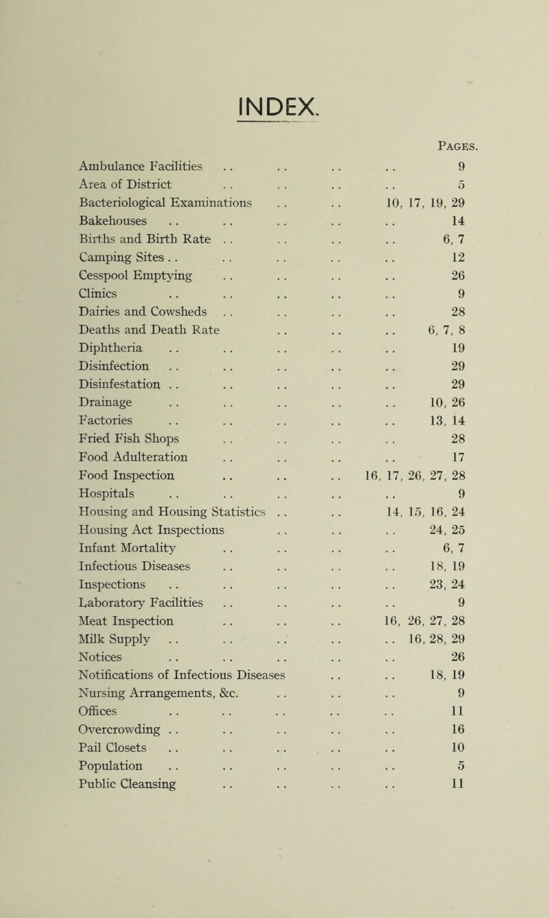 INDEX Ambulance Facilities Area of District Bacteriological Examinations Bakehouses Births and Birth Rate . . Camping Sites .. Cesspool Emptying Clinics Dairies and Cowsheds Deaths and Death Rate Diphtheria Disinfection Disinfestation .. Drainage Factories Fried Fish Shops Food Adulteration Food Inspection Hospitals Housing and Housing Statistics . Housing Act Inspections Infant Mortality Infectious Diseases Inspections Laboratory Facilities Meat Inspection Milk Supply Notices Notifications of Infectious Diseases Nursing Arrangements, &c. Offices Overcrowding . . Pail Closets Population Public Cleansing 16, Pages. 9 5 10, 17, 19, 29 14 6, 7 12 26 9 28 6, 7, 8 19 29 29 10, 26 13, 14 28 17 17, 26, 27, 28 9 14, 15, 16, 24 24, 25 6, 7 18, 19 23, 24 9 16, 26, 27, 28 16, 28, 29 26 18, 19 9 11 16 10 5 11