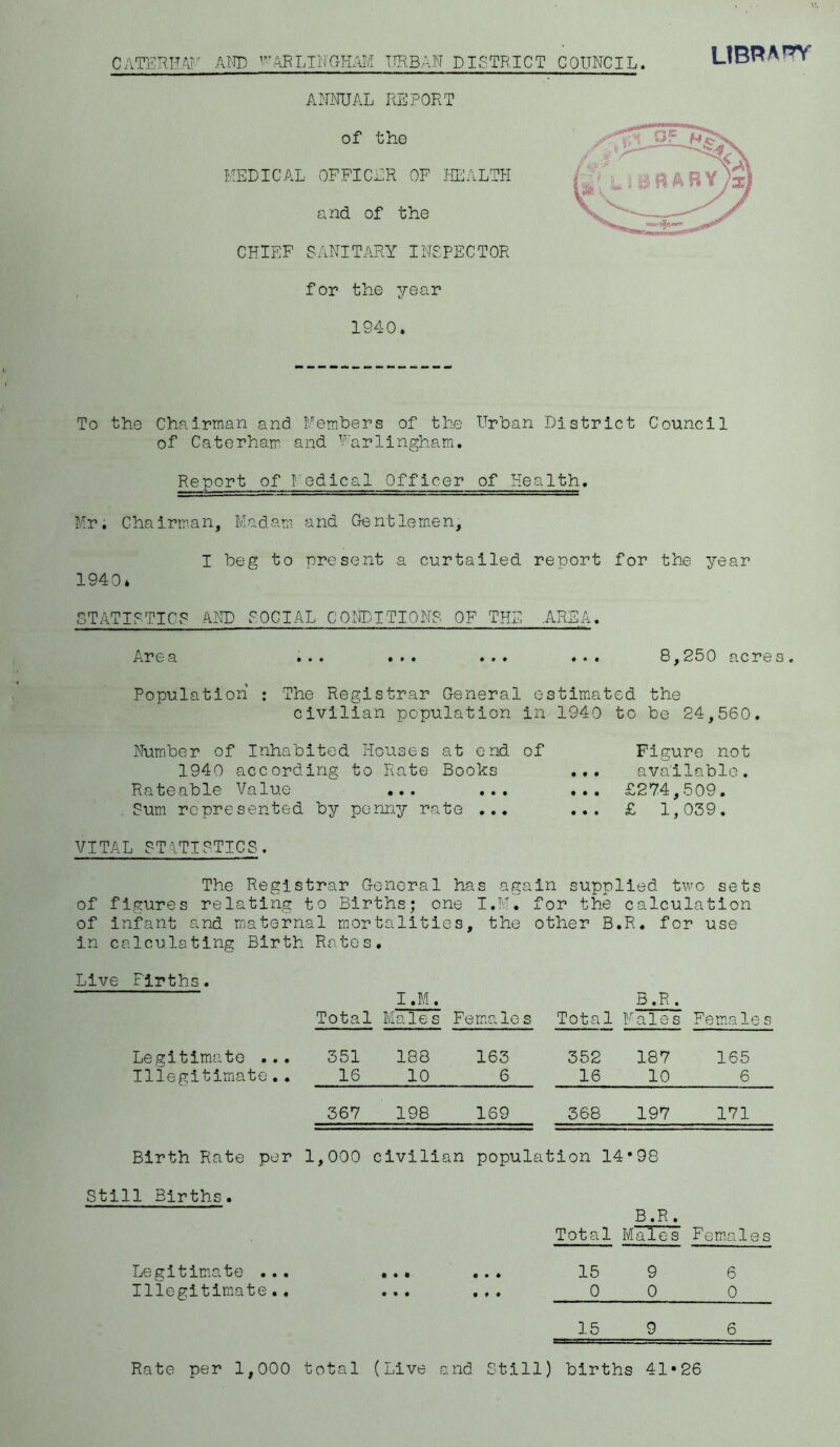 CATERI-TAr' AI'TD ^^'ARLINGHAM TTRBAN DISTRICT COUNCIL. LIBRAW ANNUAL REPORT of the MEDICAL OFFICER OF HEALTH and of the CHIEF SANITARY INSPECTOR for the year 194-0. To the Chairman and Members of the Urban District Council of Caterham and Far1Ingham. Report of iedical Officer of Health. Mr. Chairman, Madam and Gentlemen, I beg to present a curtailed report for the year 1940* STATISTICS AND SOCIAL COJffilTIONS OF THE AREA. Area ... ... ... ... 8,250 acres. Population : The Registrar General estimiated the civilian population in 1940 to be 24,560. Numher of Inhabited Houses at end of 1940 according to Rate Books Rateable Value ... ... Sum represented by penny rate ... Figure not available. £274,509. £ 1,039. VITAL STATISTICS. The Registrar General has again supplied two sets of figures relating to Births; one I.M. for the calculation Live Firths. Legitimate ... Illegitimate.. .1 morta .litie s, the other B.R :. for use Rato s, I .M. B.R. Total M iale s Female s Total ¥ ales Fem.ale s 351 188 163 352 187 165 16 10 6 16 10 6 367 198 169 368 197 171 .,000 civilia n popul ation 14* 98 Still Births. B.R. Total Males Fem,ales Legitim.ate .. . • • * • • • 15 9 6 Illegitimate.. • • • • • • 0 0 0 15 9 6 Rate per 1,000 total (Live and Still) births 41*26