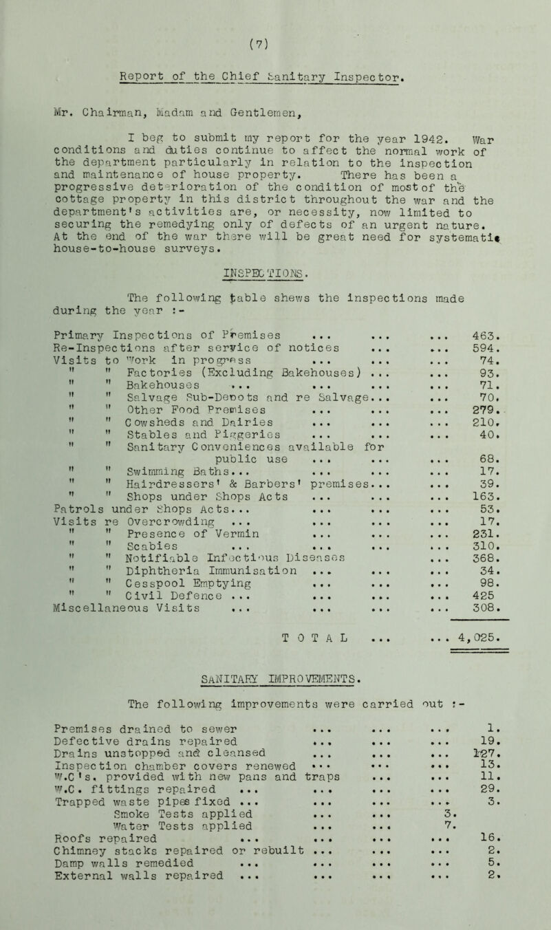 Report of the Chief hanitary Inspector. Mr. Chairman, Madam and Gentlemen, I beg to submit my report for the year 1942. War conditions and duties continue to affect thenormal work of the department particularly in relation to the inspection and maintenance of house property. There has been a progressive deterioration of the condition of most of the cottage property in this district throughout the war and the department’s activities are, or necessity, now limited to securing the remedying only of defects of an urgent nature. At the end of the war there will be great need for systematic house-to-house surveys. INSPECTIONS. The following £able shews the inspections made during the year :- Primary Inspections of Premises ... Re-Inspections after seryice of notices Visits to Work in progress ... Factories (Excluding Bakehouses) Bakehouses ... ... Salvage Sub-Decots and re Salvage Other Food Premises Cowsheds and Dairies ... Stables and Piggeries ... Sanitary Conveniences available for public use ... Swimming Baths... ... Hairdressers’ & Barbers’ premises Shops under Shops Acts ... Patrols under Shops Acts... ... Visits re Overcrowding ... ...   Presence of Vermin ...  Scabies ... ... n  Notifiable Infectious Diseases  Diphtheria Immunisation ... ” Cesspool Emptying ...  ” Civil Defence ... ... Miscellaneous Visits ... ... 463. 594. 74. 93. 71. 70. 279. 210. 40. 68. 17. 39. 163. 53. 17. 231. 310. 368. 34. 98. 425 308. TOTAL 4,025. SANITARY IMPROVEMENTS. The following improvements were carried out :- Premises drained to sewer ... Defective drains repaired ... Drains unstopped and cleansed ... Inspection chamber covers renewed W.C’s. provided with new pans and traps W.C. fittings repaired ... ... Trapped waste pipes fixed ... ... Smoke Tests applied ... Water Tests applied ... Roofs repaired ... ... Chimney stacks repaired or rebuilt ... Damp walls remedied ... External walls repaired •• 3. 7. 1. 19. 127. 13. 11. 29. 3. 16. 5. 2. • • • • « •