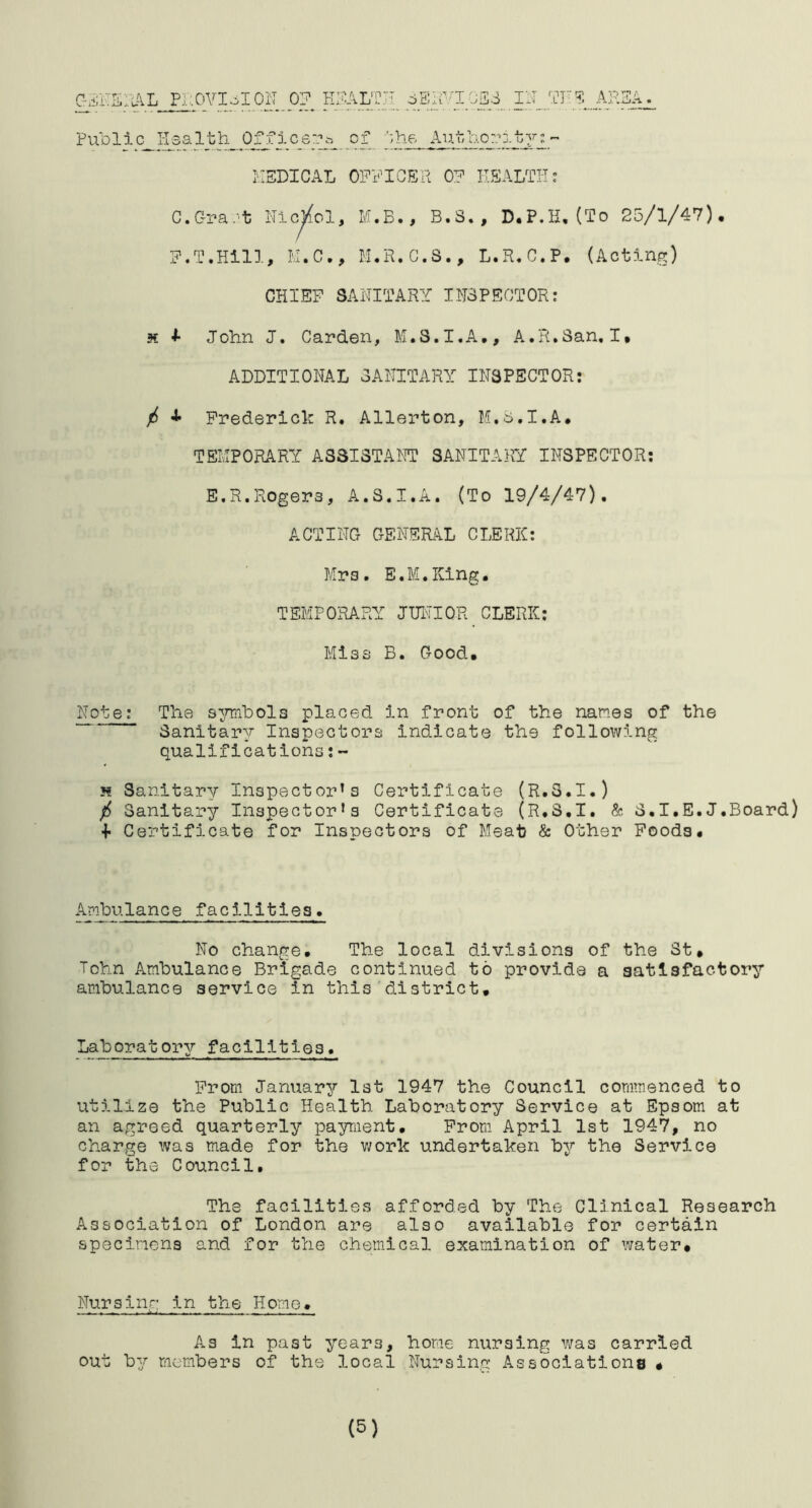 Public_H3alth_ 0f/i^C6i25_^ of '}h6 Ai^.b u.o:?3.by; - KKDIGPlL officer of KSALTI-T; C.Gpa.''t Nic^ol, M.B., B.S., D.P.H, (To 25/1/47). F.T.Hill, K.C., M.R.C.S., L.R.C.P. (Acting) CHIEF SANITARY INSPECTOR: H i- John J. Carden, M.S.I.A., A.R.San, 1. ADDITIONAL SANITARY INSPECTOR: / 4. Frederick R, Allerton, M.S.I.A. TEMPORARY ASSISTANT SANITARY INSPECTOR: E.R.Rogers, A.S.I.A. (To 19/4/47). ACTING GENERAL CLERK: Mrs. E.M.King, TEMPORARY JHImIOR CLERK: Miss B. Good. Note: The s^rmbols placed in front of the names of the Sanitary Inspectors indicate the following qualifications:- « Sanitary Inspector’s Certificate (R.3.I.) / Sanitary Inspector’s Certificate (R.3,1. S.I.E.J.Board) + Certificate for Inspectors of Meat & Other Foods. Ambulance facilities. No change. The local divisions of the St, Tohn Ambulance Brigade continued to provide a satisfactory ambulance service in this district. Laboratory facilities. From January Ist 1947 the Council commenced to utilize the Public Health Laboratory Service at Epsom at an agreed quarterly payment. From April 1st 1947, no charge was made for the v/ork undertaken by the Service for the Council, The facilities afforded by The Clinical Research Association of London are also available for certain specimens and for the chemical examination of water. Nursing in the Home. As in past years, home nursing was carried out by members of the local Nursing Associations ,