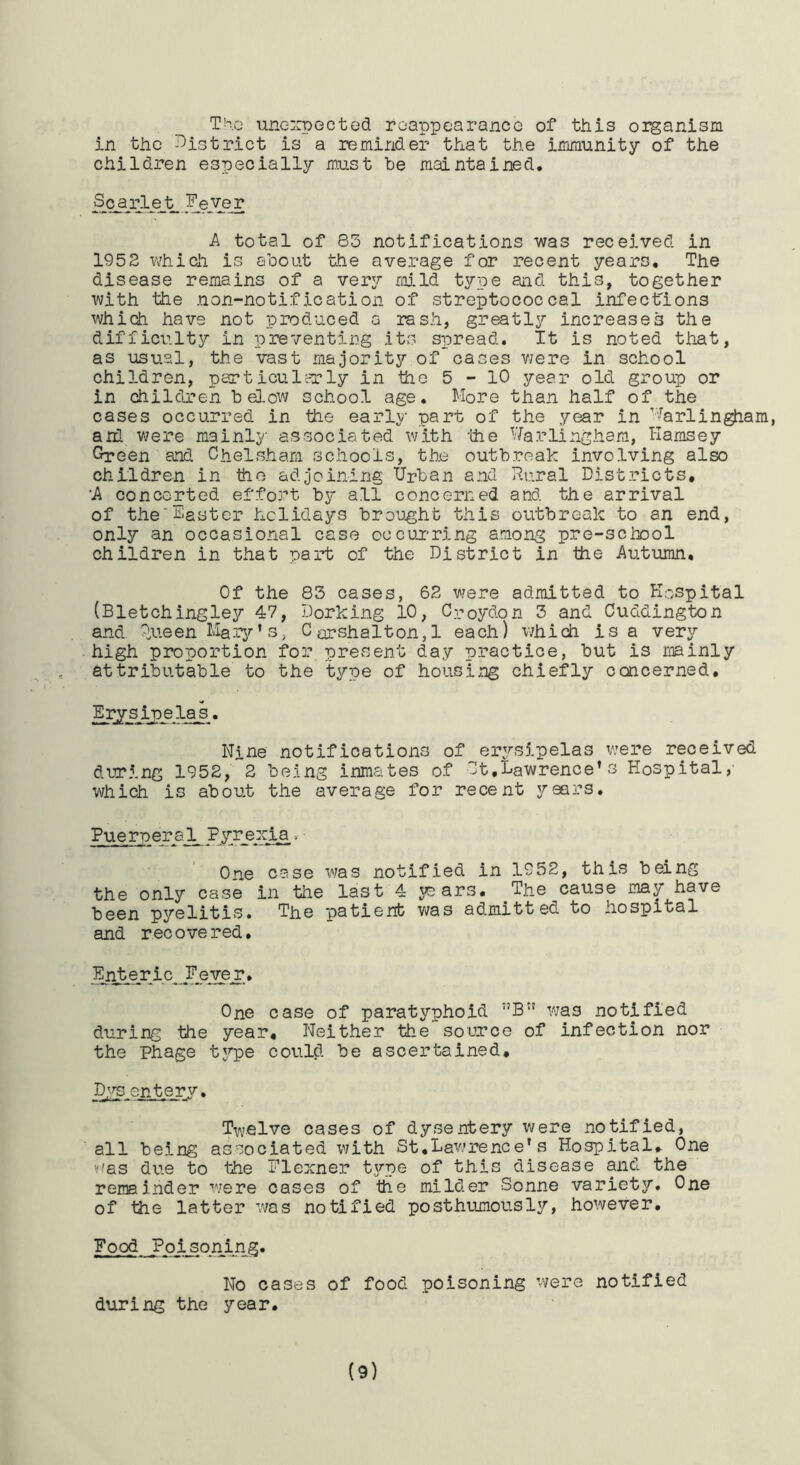Th.o une::pected roappearancG of this oiBanism in the f>istrict is a reminder that the immunity of the children especially must be maintained. Scarlet Fever A total of 83 notifications was received in 1952 which is about the average for recent years. The disease remains of a very mild type and this, together with the non-notification of streptococcal infeebions which have not produced a rash, greatly increases the difficulty in preventing its spread. It is noted that, as usual, the vast majority of*cases Yiere in school children, particulrTly in the 5-10 year old group or in childjL-en below school age. More than half of the cases occurred in the early part of the year in '‘^arlingham, ani were mainly associated with -ihe Warlingham, Kamsey Green and Chelsham schools, the outbreak involving also children in the adjoining Urban and Rural Districts, 'A concerted effort by all concerned and the arrival of the'Easter holidays brought this outbreak to an end, only an occasional case occurring among pre-school children in that part of the District in the Autumn. Of the 83 cases, 62 were admitted to Kpspital (Bletchingley 47, Dorking 10, Croydon 3 and Cuddington and. Oiieen Marjr’s, Corshalton,! each) vjhich is a very high proportion for present day practice, but is mainly attributable to the type of housing chiefly concerned. Erysipelas, Nine notifications of erysipelas were received during 1952,'*2 being inmates of It,Lawrence’s Hospital,’ which is about the average for recent years. Puerperal Pyr^enA^ One case was notified in 1952, this being the only case in the last 4 5^5 ars. ^The cause may have been pyelitis. The patient was admitted to hospital and recovered. Enteric. Eeyer. One case of paratyphoid w^as notified during the year. Neither the source of infection nor the Phage type could be ascertained, Dys entery. Twelve cases of dysentery \vere notified, all being associated with St.Lav^rence’s Hospital, One v'as due to the Flexner t3!^pe of this disease and the remainder w'ere oases of the milder Sonne varietjr. One of the latter was notified posthumously, however. Food Poisoning. No cases of food poisoning were notified during the year.