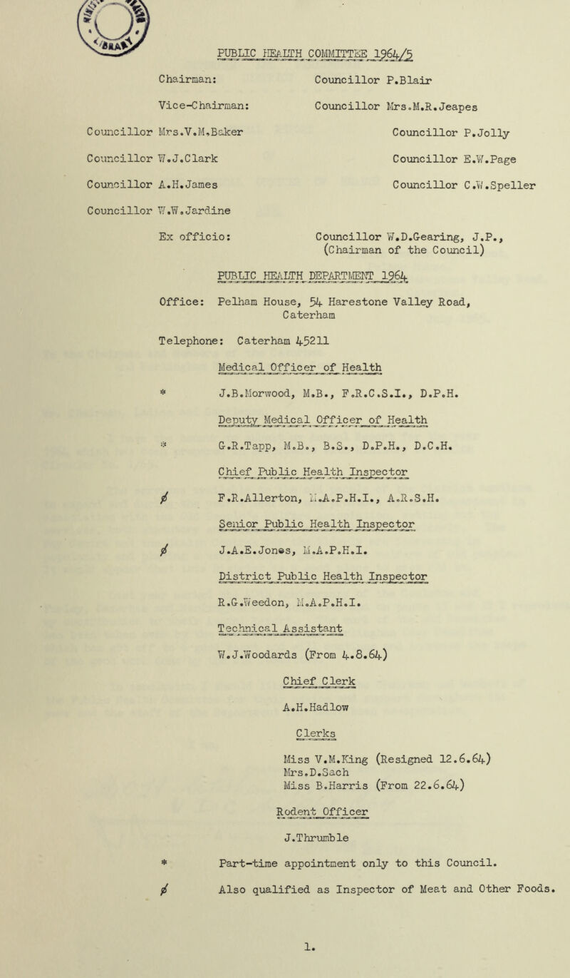 Councillor Councillor Councillor Councillor PUBLIC HEALTH COMMITTEE 1964/5 Chairman: Councillor P.Blair Vice-Chairman: Councillor Krs.M.R.Jeapes Mrs.V.M,Baker Councillor P.Jolly ?J.J.Clark Councillor E.W.Page A.H.James C oimcillor C .1/7. Speller YJ.W, Jar dine Ex officio: Coimcillor 77,D.Gearing, J.P., (chairman of the Council) PUBLIC HE/vLTH DEPARTI'vlEHT 1964 Office: Pelham House, 54 Harestone Valley Road, Caterham Telephone: Caterham 45211 Medicad^jDfT jjs^^ Health * J.B.Morwood, M.B., F.R.C.S.I#, D.PoH. Deputy Medieal Officer of Health G.R.Tapp, MoBo, B.S., DoP.H., D.C.H. / F.R.Allerton, II.A.P.H.I., A.R.S.H. Senior_^ublic Health / J.A.E.Jones, Li.A.PoK.I, Pj-Health Inspector R.G.Yi/'eedon, iLAoPoH.I. ^ecj^^c al Assistant V/.J.Yfoodards (From 4*8«64) ^ef Clerk A.H,Hadlow Clerks Miss V.M.King (Resigned 12.6.64) ttrs.D.Sach Miss B.Harris (From 22.6.64) J.Thrumhle * Part-time appointment only to this Co;incil. / Also qualified as Inspector of Meat and Other Foods. 1