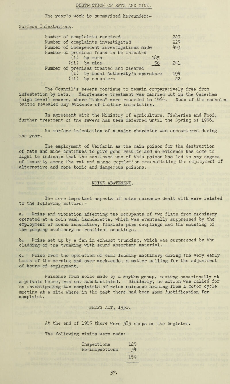 DESTRUCTION OF RATS AND MICE. The year's work is summarised hereunder:- Surface Infestations. Number of complaints received 227 Number of complaints investigated 227 Number of independent investigations made 493 Number of premises found to be infested (i) by rats I85 (ii) by mice 36 24l Number of premises treated and cleared (i) by Local Authority's operators 194 (ii) by occupiers 22 The Council's sewers continue to remain comparatively free from infestation by rats. Maintenance treatment was carried out in the Caterham (high level) sewers, where takes were recorded in 1964. None of the manholes baited revealed any evidence of further infestation. In agreement with the Ministry of Agriculture, Fisheries and Food, further treatment of the sewers has been deferred until the Spring of 1966. No surface infestation of a major character was encountered during the year. The employment of Warfarin as the main poison for the destruction of rats and mice continues to give good results and no evidence has come to light to indicate that the continued use of this poison has led to any degree of immunity among the rat and mouse population necessitating the employment of alternative and more toxic and dangerous poisons. NOISE ABATEMErW. The more important aspects of noise nuisance dealt with were related to the following matters a. Noise and vibration affecting the occupants of two flats from machinery operated at a coin wash launderette, which was eventually suppressed by the employment of sound insulation, flexible pipe couplings and the mounting of the pumping machinery on resilient mountings. b. Noise set up by a fan in exhaust trunking, which was suppressed by the cladding of the trunking with sound absorbent material. c. Noise from the operation of coal loading machinery during the very early hours of the morning and over week-ends, a matter calling for the adjustment of hours of employment. Nuisance from noise made by a rhythm group, meeting occasionally at a private house, was not substantiated. Similarly, no action was called for on investigating two complaints of noise nuisance arising from a motor cycle meeting at a site where in the past there had been some justification for complaint. SHOPS ACT, 1930. At the end of 1963 there were 385 shops on the Register. The following visits were made: Inspections 123 Re-inspections 34 159