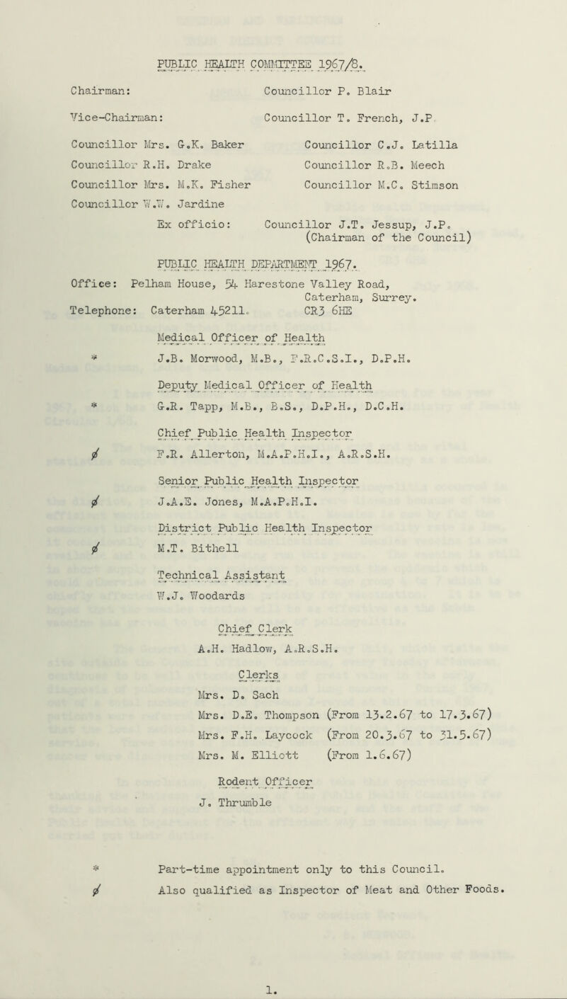 PIffiLIC miTH CpilOTT^^ 1967/8,^ Vice-Chairman: Co\ancillor Mrs. Q.K. Baker Councillor R.H. Drake Coxincillor Mrs. MoK. Fisher Councillor YV.V. Jardine Ex officio: Office Telephone: Councillor T. French, J.P^ Councillor C.Jo Latilla Councillor R.B. Meech Councillor M.C. Stimson Councillor J.T. Jessup, J.P. (chairman of the Council) PUBLIC ^LTH pEPi\RTNM_ jL967. Pelham House, 54 Harestone Valley Road, Caterham, Surrey Caterham 45211» CR3 6HE MedJ-cal Offijcer of ^ J.B. Morwood, M.B., F.R.C.S.I., D.P.H. Deputy^ Medical Officer of HegiltJ;! * G-.R. Tapp, M.B., B.S., D.P.H., D.C.H. Chief Public_ Health Inspector / F.R. Allerton, M.A.P.H.I., A.R.S.H. Senior^ j^blic^ Health Inspector ^ J.A.S. Jones, M.A.P.H.I. District Public Health Inspector / M.T. Bithell Technical Assistant^ W.Jo Woodards Chief^ Cjl^rk AcH. HadloT/, AoRoSoH. Clerks Mrs. Do Sach Mrs. DoEo Thompson (From 13.2.67 to 17.3*67) Mrs. FoHo Laycock (From 20.3*67 to 31*5*67) Mrs. M. Elliott (From 1.6.67) Rodent Offiper Jo Thrumble Part-time appointment only to this Council. jif Also qualified as Inspector of Meat and Other Foods. 1