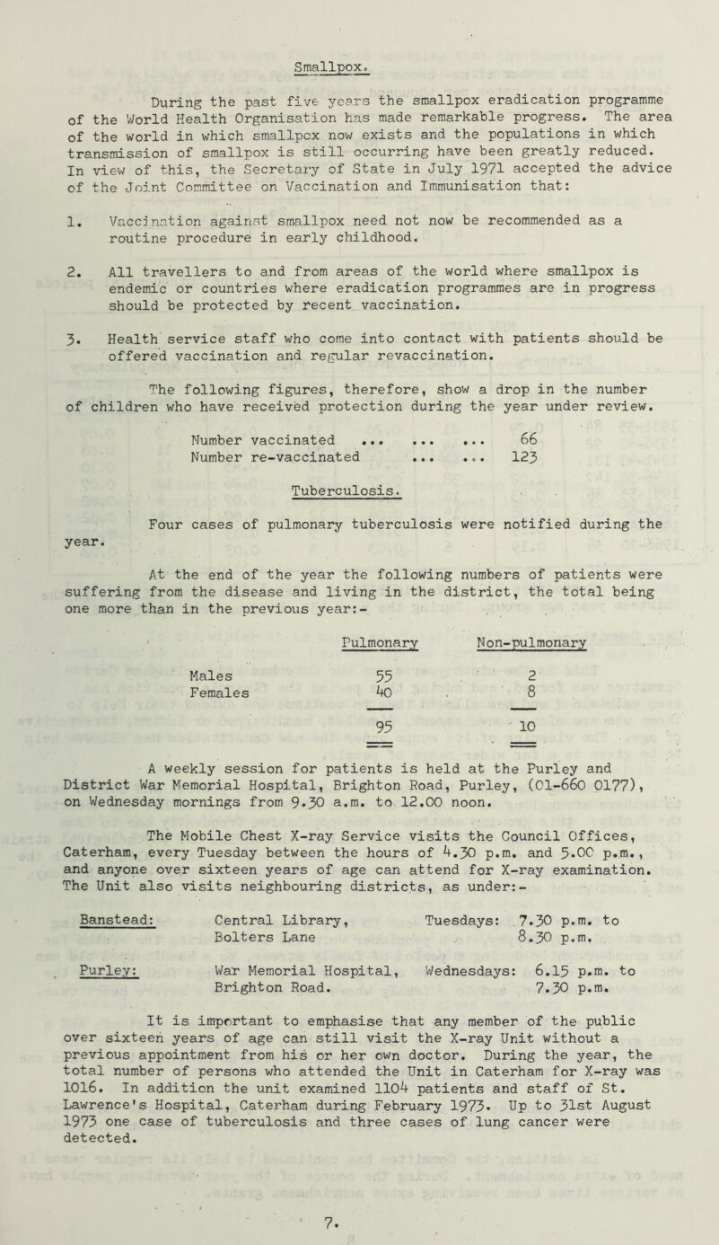 Smallpox0 During the past five years the smallpox eradication programme of the World Health Organisation has made remarkable progress. The area of the world in which smallpox now exists and the populations in which transmission of smallpox is still occurring have been greatly reduced. In view of this, the Secretary of State in July 1971 accepted the advice of the Joint Com.mittee on Vaccination and Immunisation that: 1. Vaccination against smallpox need not now be recommended as a routine procedure in early childhood. 2. All travellers to and from areas of the world where smallpox is endemic or countries where eradication programmes are in progress should be protected by recent vaccination. 3. Health service staff who come into contact with patients should be offered vaccination and regular revaccination. The following figures, therefore, show a drop in the number of children who have received protection during the year under review. Number vaccinated ... 66 Number re-vaccinated ... ... 123 Tuberculosis. Four cases of pulmonary tuberculosis were notified during the year. At the end of the year the following numbers of patients were suffering from the disease and living in the district, the total being one more than in the previous year:- Males Females Pulmonary Non-pulmonary 55 ■ ■ 2 4o 8 95 10 A weekly session for patients is held at the Purley and District War Memorial Hospital, Brighton Road, Purley, (OI-660 0177)1 on Wednesday mornings from 9»30 a.m. to 12.00 noon. The Mobile Chest X-ray Service visits the Council Offices, Caterham, every Tuesday between the hours of 4.30 p.m. and 5*00 p.m., and anyone over sixteen years of age can attend for X-ray examination. The Unit also visits neighbouring districts, as under:- Banstead: Purley: Central Library, Tuesdays: ,7.30 p.m. to Bolters Lane 8.30 p.m. War Memorial Hospital, Wednesdays: 6.13 p.m. to Brighton Road. 7.30 p.m. It is important to emphasise that any member of the public over sixteen years of age can still visit the X-ray Unit without a previous appointment from his or her own doctor. During the year, the total num.ber of persons who attended the Unit in Caterham for X-ray was 1016. In addition the unit examined 1104 patients and staff of St. Lawrence's Hospital, Caterham during February 1973* Up to 31st August 1973 one case of tuberculosis and three cases of lung cancer were detected.