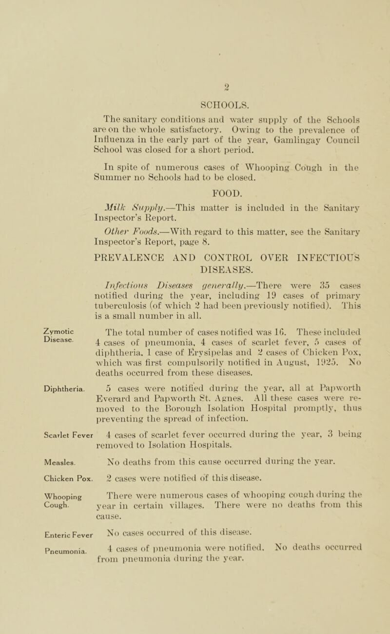 SCHOOLS. The sanitary conditions and water supply of the Schools are on the whole satisfactory. Owing to the prevalence of Influenza in the early part of the year, Gamlingay Council School was closed for a short period. In spite of numerous cases of Whooping Cough in the Summer no Schools had to be closed. FOOD. Milk Supply.—This matter is included in the Sanitary Inspector’s Report. Other Foods.—With regard to this matter, see the Sanitary Inspector’s Report, page 8. PREVALENCE AND CONTROL OVER INFECTIOUS DISEASES. Infectious Diseases generally.—There were 35 cases notified during the year, including 19 cases of primary tuberculosis (of which 2 had been previously notified). This is a small number in all. Zymotic The total number of cases notified was 16. These included Disease. 4 cases of pneumonia, 4 cases of scarlet fever, 5 cases of diphtheria. 1 case of Erysipelas and 2 cases of Chicken Pox, which was first compulsorily notified in August, 1925. No deaths occurred from these diseases. Diphtheria. 5 cases were notified during the year, all at Pap worth Everard and Papworth St. Agnes. All these cases were re- moved to the Borough Isolation Hospital promptly, thus preventing the spread of infection. Scarlet Fever 4 cases of scarlet fever occurred during the year, 3 being removed to Isolation Hospitals. Measles. No deaths from this cause occurred during the year. Chicken Pox. 2 cases were notified of this disease. Whooping There were numerous cases of whooping cough during the Cough. year in certain villages. There were no deaths from this cause. Enteric Fever No cases occurred of this disease. 4 cases of pneumonia were notified. No deaths occurred from pneumonia during the year. Pneumonia.