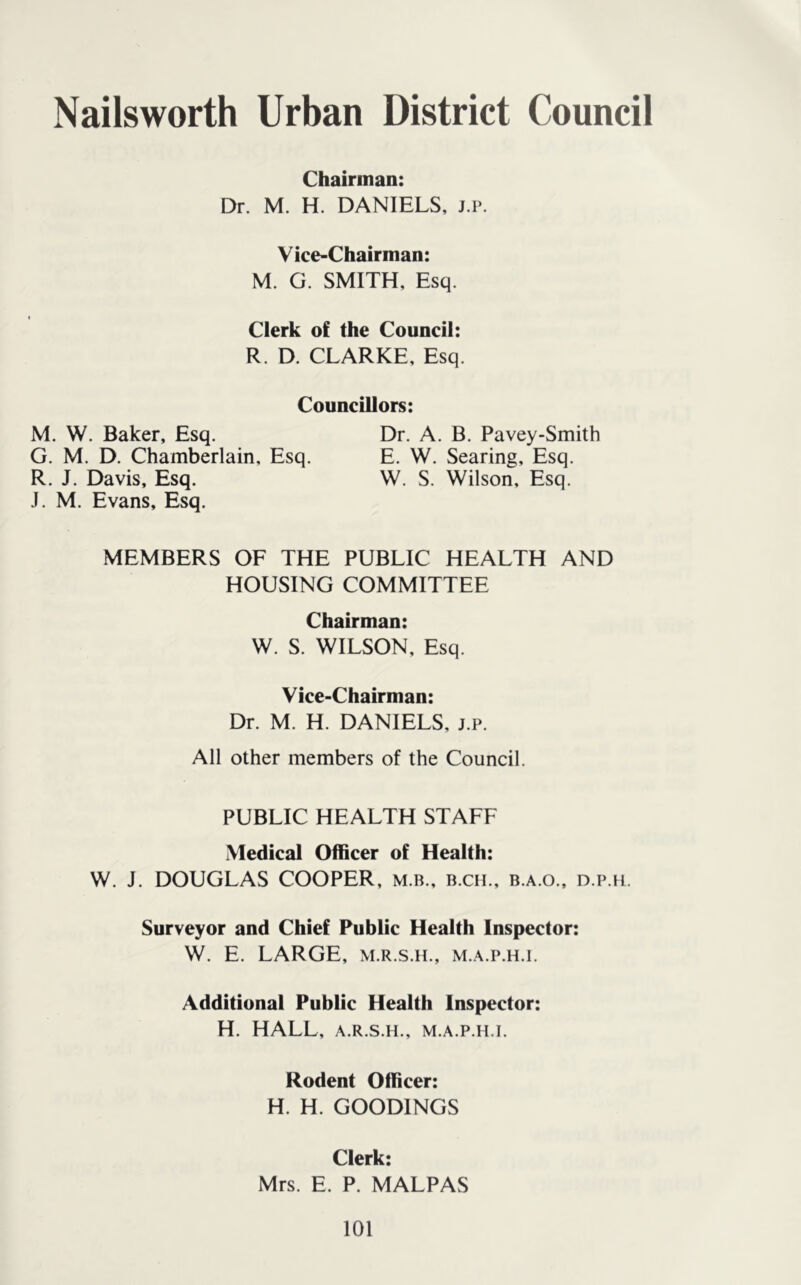 Nailsworth Urban District Council Chairman: Dr. M. H. DANIELS, j.p. Vice-Chairman: M. G. SMITH, Esq. Clerk of the Council: R. D. CLARKE, Esq. CounciUors: M. W. Baker, Esq. Dr. A. B. Pavey-Smith G. M. D. Chamberlain, Esq. E. W. Searing, Esq. R. J. Davis, Esq. W. S. Wilson, Esq. J. M. Evans, Esq. MEMBERS OF THE PUBLIC HEALTH AND HOUSING COMMITTEE Chairman: W. S. WILSON, Esq. Vice-Chairman: Dr. M. H. DANIELS, j.p. All other members of the Council. PUBLIC HEALTH STAFF Medical Officer of Health: W. J. DOUGLAS COOPER, m.b., b.ch., b.a.o., d.p.h. Surveyor and Chief Public Health Inspector: W. E. LARGE, M.R.s.H., m.a.p.h.i. Additional Public Health Inspector: H. HALL, A.R.S.H., m.a.p.h.i. Rodent Officer: H. H. GOODINGS Clerk: Mrs. E. P. MALPAS