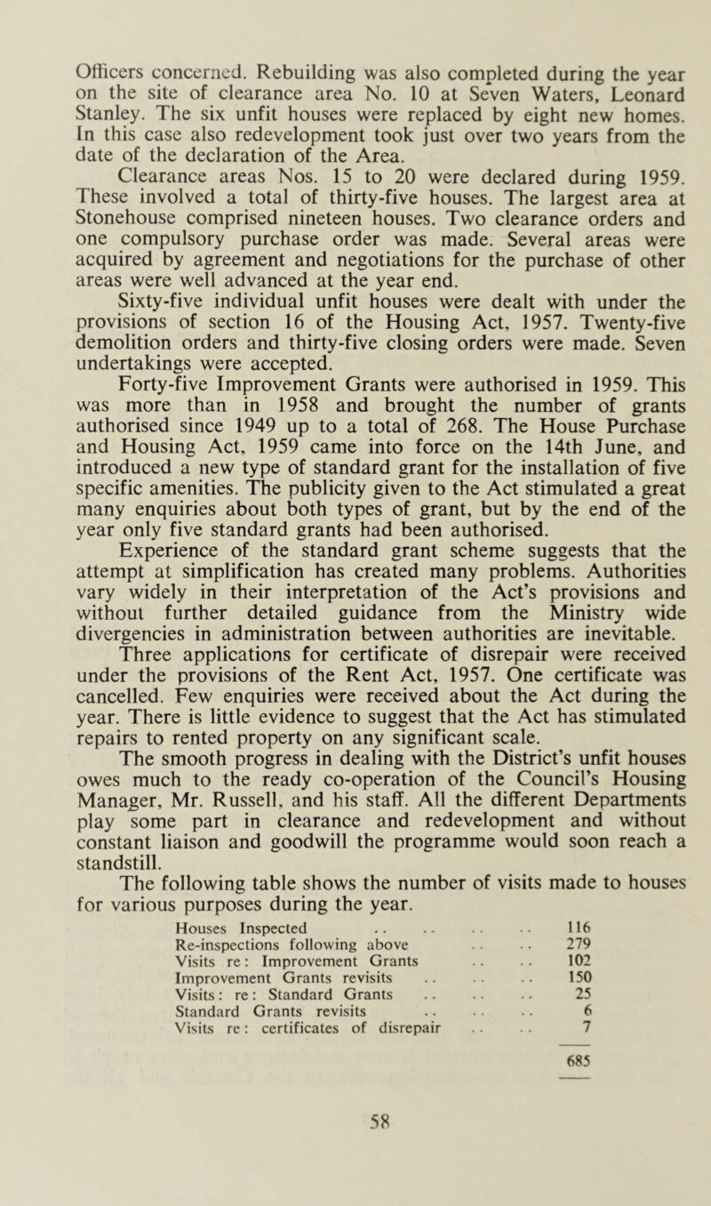 Officers concerned. Rebuilding was also completed during the year on the site of clearance area No. 10 at Seven Waters, Leonard Stanley. The six unfit houses were replaced by eight new homes. In this case also redevelopment took just over two years from the date of the declaration of the Area. Clearance areas Nos. 15 to 20 were declared during 1959. These involved a total of thirty-five houses. The largest area at Stonehouse comprised nineteen houses. Two clearance orders and one compulsory purchase order was made. Several areas were acquired by agreement and negotiations for the purchase of other areas were well advanced at the year end. Sixty-five individual unfit houses were dealt with under the provisions of section 16 of the Housing Act, 1957. Twenty-five demolition orders and thirty-five closing orders were made. Seven undertakings were accepted. Forty-five Improvement Grants were authorised in 1959. This was more than in 1958 and brought the number of grants authorised since 1949 up to a total of 268. The House Purchase and Housing Act, 1959 came into force on the 14th June, and introduced a new type of standard grant for the installation of five specific amenities. The publicity given to the Act stimulated a great many enquiries about both types of grant, but by the end of the year only five standard grants had been authorised. Experience of the standard grant scheme suggests that the attempt at simplification has created many problems. Authorities vary widely in their interpretation of the Act’s provisions and without further detailed guidance from the Ministry wide divergencies in administration between authorities are inevitable. Three applications for certificate of disrepair were received under the provisions of the Rent Act, 1957. One certificate was cancelled. Few enquiries were received about the Act during the year. There is little evidence to suggest that the Act has stimulated repairs to rented property on any significant scale. The smooth progress in dealing with the District’s unfit houses owes much to the ready co-operation of the Council’s Housing Manager, Mr. Russell, and his staff. All the different Departments play some part in clearance and redevelopment and without constant liaison and goodwill the programme would soon reach a standstill. The following table shows the number of visits made to houses for various purposes during the year. Houses Inspected .. .. .. .. 116 Re-inspections following above .. 279 Visits re: Improvement Grants .. .. 102 Improvement Grants revisits .. .. 150 Visits: re: Standard Grants .. .. 25 Standard Grants revisits .. .. .. 6 Visits re: certificates of disrepair .. 7 685