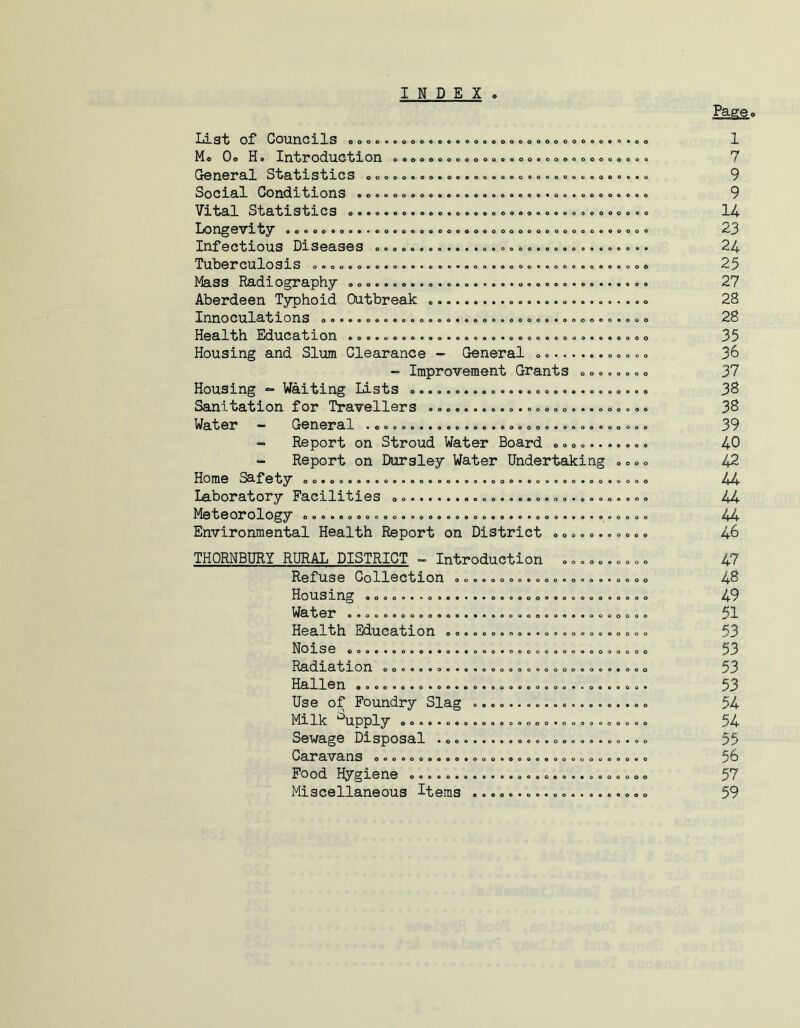 INDEX o o o o o o o o ooooooeooeoooo««o • oooooooooe«ooooooooo*oe«oooodc«o OOAO«000000«00900004>90000000000090 oooooo**«eooooeoooooo«ooooooooooeo«40ooo o o o o o o O O O Q • • O • 0 9 • o « e o o o & « • • • o o o d00*00009 o • o e ooeo*ooo oAoeoooo o o o o o o e o o o o » o • e o o iLLSili of Councils oooo»«oo»«eoooooooooooooo»oooo»«oo Mo Oo Ho IntrOC3.UCblOn oooooooooooooooo»oooooooooooo General Statistics Social Conditions Vital Statistics Longevity Infectious Diseases Tuberculosis ».» Mass Radiography Aberdeen Typhoid Outbreak Innoculations o.... o..... Health Education ........ Housing and Slum Clearance - General ~ Improvement Grants .. Housing «- Waiting Lists Sanitation for Travellers Water ~ General ...... - Report on Stroud Water Board Report on Dursley Water Undertaking Home Safety ......... Laboratory Facilities Meteorology ..........o....... Environmental Health Report on District THQRNBURY RURAL DISTRICT ^ Introduction Refuse Collection .......... Housing ........... Water o............ Health Education .. Noise 0............ Radiation ......... Hallen ............ Use of Foundry Slag Milk ^upply Sewage Disposal . Caravans Food Hygiene ........ Miscellaneous Items . 0090909000909000099* *000009 * 0 0 0 90 OO oooo»*ooo«ooooo OOoo*« oeoeo e o o ooo*oooooe*oo*oooo o*oeooeoo«ooooeooo oo*e*ooo**o*o«oooo 00000*00000 oooooooooo 0*0000*0000 000000*0000 oeooooooooo 00***ooo 000000*0 O O • • o 0000000*0 • •*000*00 0*0090000 o o o o O O 0 o o O • O * * 9 o o o o o o 0 0 0 0 0 *0 o 0 o o o o o o • Page. 1 7 9 9 14 23 24 25 27 28 28 35 36 37 38 38 39 40 42 44 44 44 46 47 48 49 51 53 53 53 53 54 54 55 56 57 59