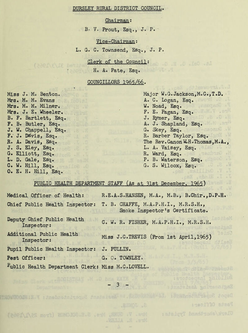 Chairmans B- V. Prout, Esq.* J. P. Vjce-Chadnpanj L. Go G. Townsend* Esq., Jo P. Clerk of the Council: Ho A. Pate* Esq* COUNCILLORS 1965/66. Miss Jo M. Benton. Mrs. M. M« Evans Mrs. M. M. Milner. Mrs. J. E. Wheeler. B. F. Bartlett, Esq. F. B. Butler* Esq. J. W. Chappell* Esq. F. J. Ddvis, Esq. R. A. Davis* Esq. J. S. Eley* Esq. G. Elliott, Esq. L. D. Gale* Esq. C. W. Hill* Esq. 0. E. H. Hill* Esq. Major W.G.Jackson,M.C.,T.D. A. Co Logan, Esq. W. Noad, Esq. F. E. Pagan, Esq. J. Rymer, Esq. A. J* Shapland* Esq. Go Skey, Esq. R* Barber Taylor, Esq. The Rev.CanonW>H.Thomas,M.A., L. A. Vaisey, Esq. R. Ward, Esq. P. Bo Waterson* Esq. Go So Wilcox, Esq. PUBLIC HEALTH DEPARTMENT STAFF (As at 31st December. 1965) Medical Officer of Health: RoE.A.S.HANSEN, M.A.* M.B., B.Chir.,D.P.H. Chief Public Health Inspector: T. B. CHAFFE* MoA.P.HoIo, M.R.S.H,, Smoke Inspector’s Certificate. Deputy Chief Public Health Inspector: Additional Public Health Inspector: C, W. R. FISHER* MoAoPoH.I.* M.R.S.H. Miss JoC.TREVIS (From 1st April,1965) Pupil Public Health Inspector: J. PULLIN. Pest Officers G. 0. TOWNLEY. Public Health Department Clerks Miss M.CoLOVELL.