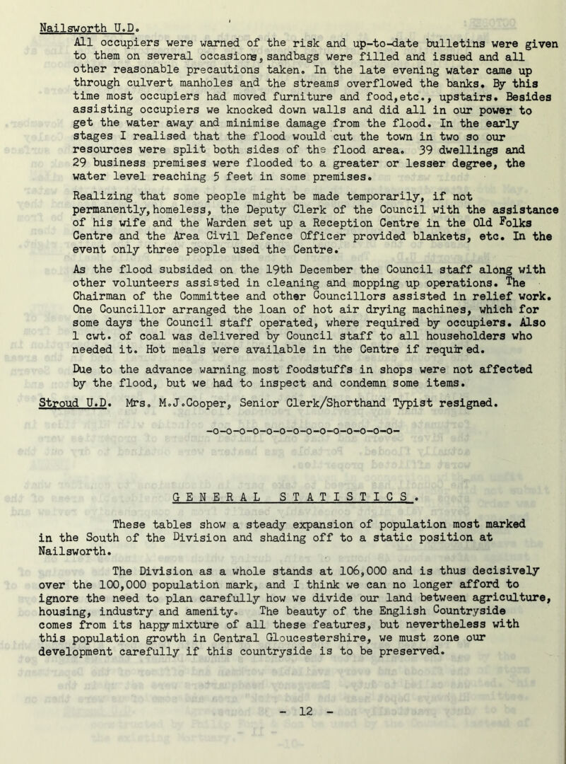 Nailsworth U.D. All occupiers were warned of the risk and up-to-date bulletins were given to them on several occasions, sandbags were filled and issued and all other reasonable precautions taken. In the late evening water came up through culvert manholes and the streams overflowed the banks. By this time most occupiers had moved furniture and food,etc., upstairs. Besides assisting occupiers we knocked down walls and did all in our power to get the water away and minimise damage from the flood. In the early stages I realised that the flood would cut the town in two so our resources were split both sides of the flood area. 39 dwellings and 29 business premises were flooded to a greater or lesser degree, the water level reaching 5 feet in some premises. Realizing that some people might be made temporarily, if not permanently, homeless, the Deputy Clerk of the Council with the assistance of his wife and the Warden set up a Reception Centre in the Old Folks Centre and the Area Civil Defence Officer provided blankets, etc. In the event only three people used the Centre. As the flood subsided on the 19th December the Council staff albng with other volunteers assisted in cleaning and mopping up operations. The Chairman of the Committee and other Councillors assisted in relief work. One Councillor arranged the loan of hot air drying machines, which for some days the Council staff operated, where required by occupiers. Also 1 cwt. of coal was delivered by Council staff to all householders who needed it. Hot meals were available in the Centre if required. Due to the advance warning most foodstuffs in shops were not affected by the flood, but we had to inspect and condemn some items. Stroud U.D. Mrs. M.J.Cooper, Senior Clerk/Shorthand Typist resigned. -o-o-o-o-o-o-o-o-o-o-o-o-o-o- GENERAL STATISTICS. These tables show a steady expansion of population most marked in the South of the Division and shading off to a static position at Nailsworth. The Division as a whole stands at 106,000 and is thus decisively over the 100,000 population mark, and I think we can no longer afford to ignore the need to plan carefully how we divide our land between agriculture, housing, industry and amenity. The beauty of the English Countryside comes from its happrmixture of all these features, but nevertheless with this population growth in Central Gloucestershire, we must zone our development carefully if this countryside is to be preserved.