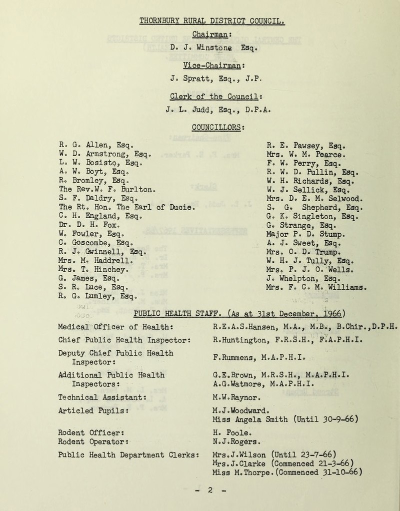Chairman; D. Ja Winston* Esq. Vice-Chairman: Jo Spratt, Esqo, J.P. Clerk of the Council; Jo Lo Judc^ j Esq o ^ Da Pa A* COUNCILLORS: R. Go Allen, Esq. Wo D. Armstrong, Esq. Lo Wo Bosistq, Esq. Ao Wo Boyt, Esq. Ro Bromley, Esq, The Rev,Wo F. Burlton. So F. Daldry, Esq. The Rto Hon. The Earl of Dncie. Co Ho England, Esq, DTo Do Ho Fox. Wo Fowler, Egq, Co Goscombe, Esq. R. Jo Gwinnell, Esq, MrSo Ma Haddrello Mrso To Hinchey. Go James, Esqo So Ro Luce, Esq. Ro Go Lumley, Esq. PUBLIC HEALTH STAFF. R. E. Pawsey, Egq. Mrs. W. M. Pearce. Fo W. Perry, Egq. Ro W. Do Pullin, Esq. W. H. Richards, Egq. W. Jo Sellick, Esq. Mrs. D. E. Mo Selwood. S. Go Shepherd, Esq. Go K. Singleton, Esq. Go Strange, Esq. Major Po D. Stump. A. Jo Sweet, Esq. Mrs. 0. Do Trump. Wo Ho Jo Tully, Esq. Mrs, P. Jo 0. Wells. Jo Whelpton, Esq. MrSo Fo C. M. Williams. (As at 31st December. 1966) Medical Officer of Health: R.E.A.S.Hansen, M.A., M.B«, B.Chir.,D.P.H. Chief Public Health Inspector: R.Huntington, F.R.S.H., FiA.P.H.I. Deputy Chief Public Health Inspector: F.Rummens, M.A.P.H.I. Additional Public Health Inspectors: G.EoBrown, MoR.S.H., MoA.PoH.I. A.GoWatmore, M.A.PoH.I. Technical Assistant: Articled Pupils: Rodent Officer: Rodent Operator: Public Health Department Clerks: M.WoRaynor. Mo JoWoodward. Miss Angela Smith (Until 30-9-66) H. Poole. NoJ.Rogers. Mrs.J.Wilson (Until 23-7-66) Mrs.Jo Clarke (Commenced 21-3-66) Miss M.Thorpe.(Commenced 31-10-66)