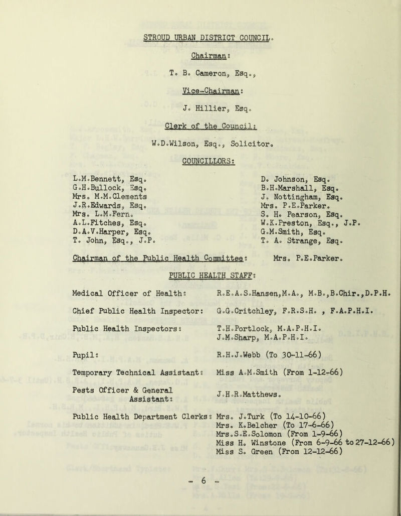 Chairman: To Bo Cameron, Esq., Vice-Chairman; Jo Hillier, Esqo Clerk of the Council; WoDoWilson, Esqo, Solicitoro COUNCILLORS; LoMoBennett, Esq* GoHoBullock, Esqo Mrso M.Mo Clements J o R 0 Edwards, Esq, MrSo LoMoFerno AoLoFitches, Esqo DoAoVoHarper, Esq® To John, Esqo, JoPo Do Johnson, Esqo BoHoMarshaiil, Esq. Jo Nottingham, Esq« MrSo PoEoParkero So Ho Pearson, Esq, WoK.Preston, Esq., J.P. GoM.Smith, Esq. To Ao Strange, Esq. Chairman of the Public Health Committee; Mrs. P.E.Parker. PUBLIC HEALTH STAFF; Medical Officer of Health; Chief Public Health Inspector: Public Health Inspectors; Pupil; Temporary Technical Assistant; RoEoAoSoHansen,MoAo, MoBo,BoChir»,D.P.H. GoGoCritchley, FoR.SoHo , FoAoPoHoI. ToHoPortlock, M.A.PoH.Io JoMoSharp, MoAoPoHoI. RoH.JoWebb (To 30-11-66) Miss AoMoSmith (From 1-12-66) Pests Officer & General Assistant; JoHoRoMatthews. Public Health Department Clerks; Mrs. J.Turk (To 14-10-66) MrSo KoBelcher (To 17“6-66) MrsoSoEoSolomon (From 1-9-66) Miss Ho Winstone (From 6-9-66 to 27-12-66) Miss So Green (From 12-12-66)