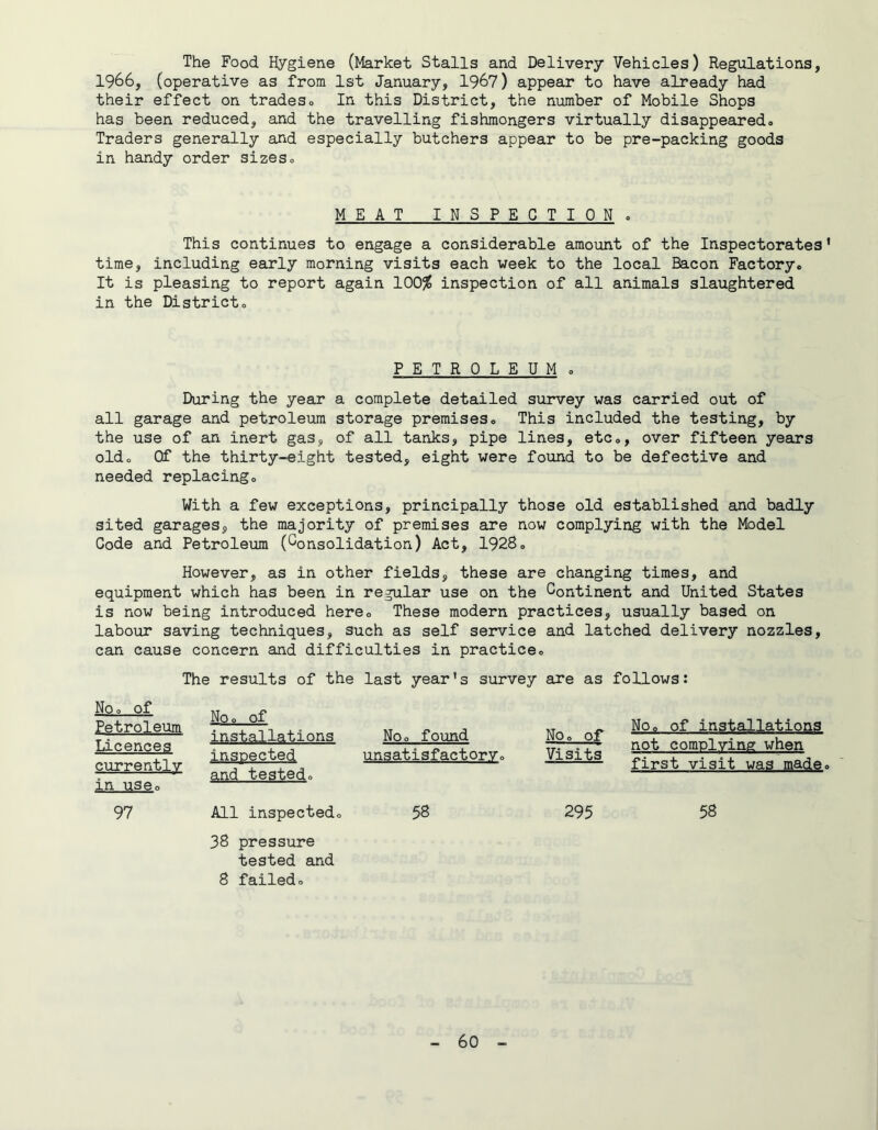 The Food Hygiene (Market Stalls and Delivery Vehicles) Regulations, 1966, (operative as from 1st January, 196?) appear to have already had their effect on tradeso In this District, the number of Mobile Shops has been reduced, and the travelling fishmongers virtually disappearedo Traders generally and especially butchers appear to be pre-packing goods in handy order sizes0 MEAT INSPECTION 0 This continues to engage a considerable amount of the Inspectorates' time, including early morning visits each week to the local Bacon Factory. It is pleasing to report again 100^ inspection of all animals slaughtered in the District. PETROLEUM . During the year a complete detailed survey was carried out of all garage and petroleum storage premises. This included the testing, by the use of an inert gas, of all tanks, pipe lines, etc., over fifteen years old. Of the thirty-eight tested, eight were found to be defective and needed replacing. With a few exceptions, principally those old established and badly sited garages, the majority of premises are now complying with the Model Code and Petroleum (Consolidation) Act, 1928. However, as in other fields, these are changing times, and equipment which has been in regular use on the Continent and United States is now being introduced here. These modern practices, usually based on labour saving techniques, such as self service and latched delivery nozzles, can cause concern and difficulties in practice. The results of the last year's survey are as follows: No. of No. of Petroleum Licences currently in use. installations No. found inspected and tested. unsatisfactory. 97 All inspected. 58 No. of Visits No. of installations not complying when first visit was made. 295 58 38 pressure tested and 8 failed.