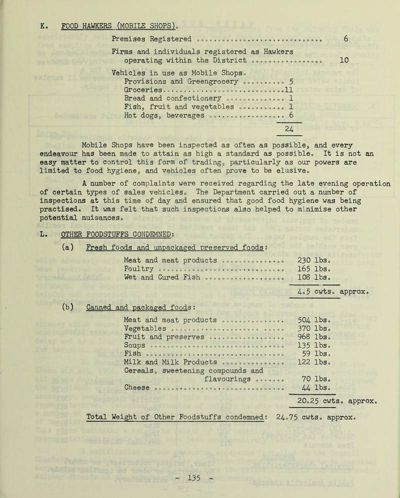 K. FOOD HAWKERS (MOBILE SHOPS Premises Registered o , o«o o»»... o».».»o o <>«o o o»o 6 Firms and individuals registered as Hawkers operating within the District <. o«»o o o =.«o o.»»«10 Vehicles in use as Mobile Shopso Provisions and Greengrocery o o o o o.»o o <. 5 Grocerieso o ..o o = ooo c.. o <, o o»»oo o 11 Bread and confectionery o „ o»»o o o <> o o 1 Fish, fruit and vegetables »o.»=. o o. o o 1 Hot dogs, beverages o o.. .. „»=. o»..» .» 6 24 Mobile Shops have been inspected as often as possible, and every endeavour has been made to attain as high a standard as possibleo It is not an easy matter to control this form of trading, particularly as our powers are limited to food hygiene, and vehicles often prove to be elusiveo A number of complaints were received regarding the late evening operation of certain types of sales vehicleso The Department carried out a number of inspections at this time of day and ensured that good food hygiene was being practisedo It was felt that such inspections also helped to minimise other potential nuisances<> L. OTHER FOODSTUFFS CONDEMNED; (a) Fresh foods and unpackaged preserved foodsg (b) Meat and meat products o o o»o <> o „ o»o. Poultry o 0 O O O O O O O „ 0 « O O O = O . , O . . O „ o o o Wet and Cured Fish o o = o o o <, o», o.«. c o Canned and packaged foodst Meat and meat products o o o»o»» Vegetables OOOOOOOOOOOOOOOOOOOOO oo Fruit and preserves ». „ „ o o =«=»»«, o» Soups 000000000000000000000000000=0 Flsh 0000000000000000*000*0*0000000 Milk and Milk Products o o o o o»o o o»o o Cereals, sweetening compounds and flavourings o o o» Cheese oooooooooeooooo«oooooooooooo o o o o o o O 0 O o o o o o o o 230 IbSo 165 Ibso 108 IbSo 4o5 CwtSo J 504 Ibso 370 Ibso 968 Ibso 135 IbSo 59 IbSo 122 IbSo 70 Ibso 44 IbSo 20o25 cwts approx. approx. Total Weight of Other Foodstuffs condemneds 24°75 cwtSo approx«